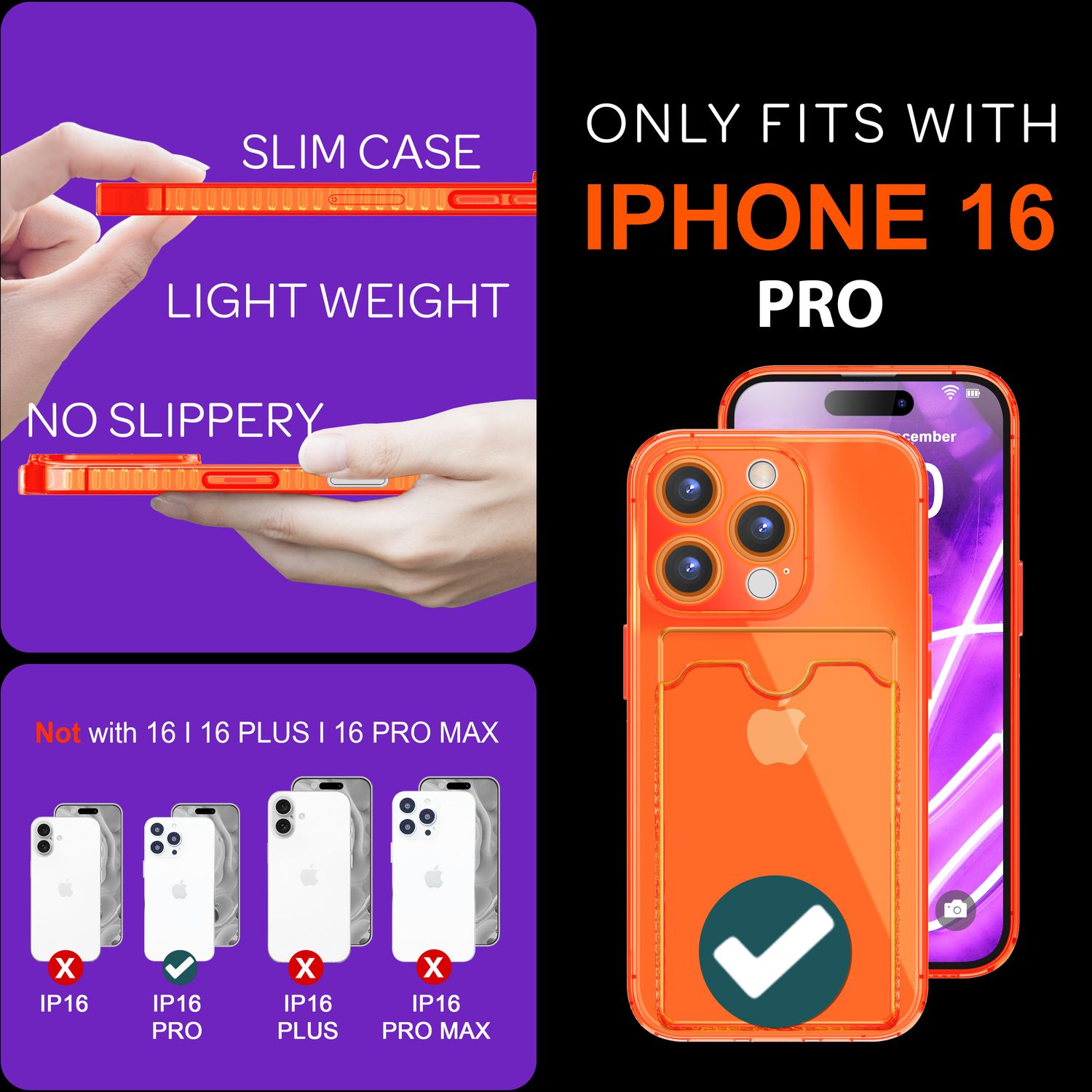 NALIA Klare Neon Hülle mit Kartenhalter für iPhone 16 Pro, Bunte Handyhülle mit Kartenfach, Silikon Durchsichtig Orange NALIA Neon Hülle