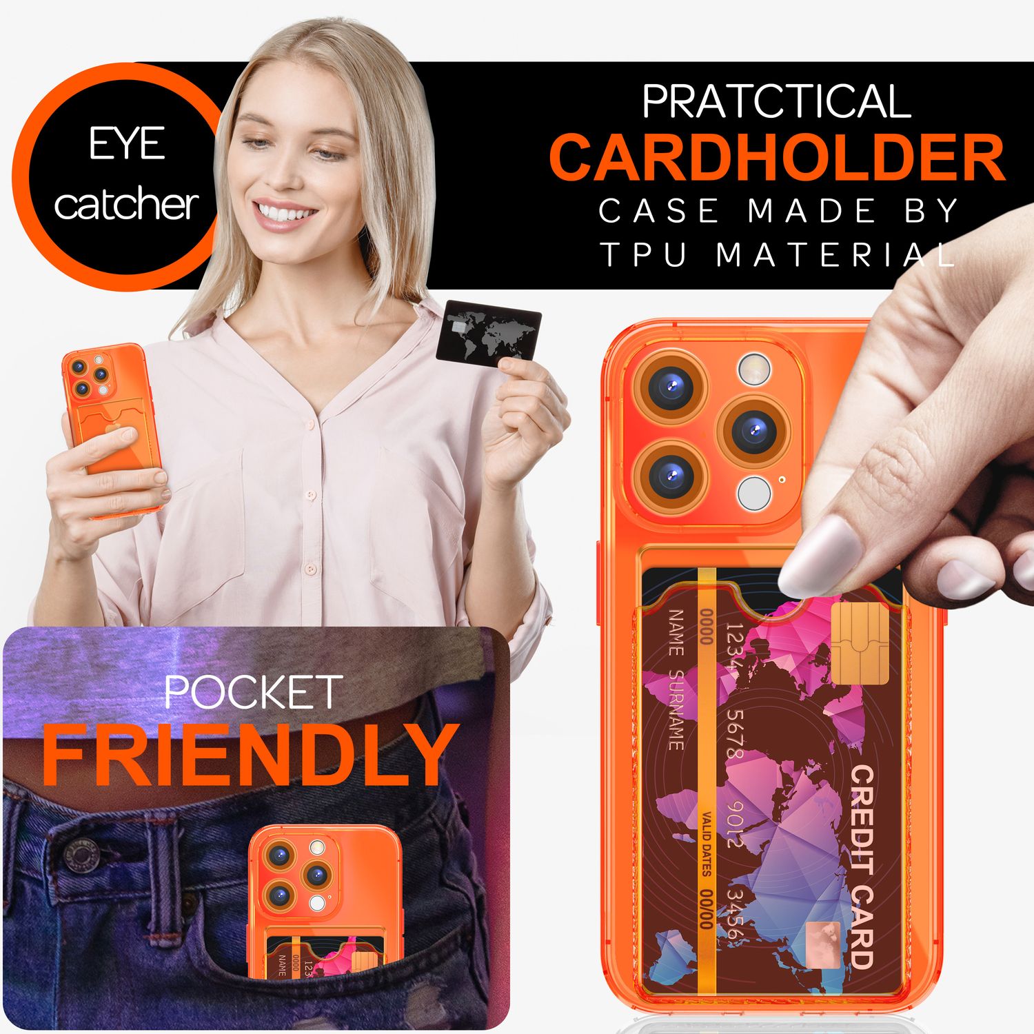 NALIA Klare Neon Hülle mit Kartenhalter für iPhone 16 Pro, Bunte Handyhülle mit Kartenfach, Silikon Durchsichtig Orange NALIA Neon Hülle