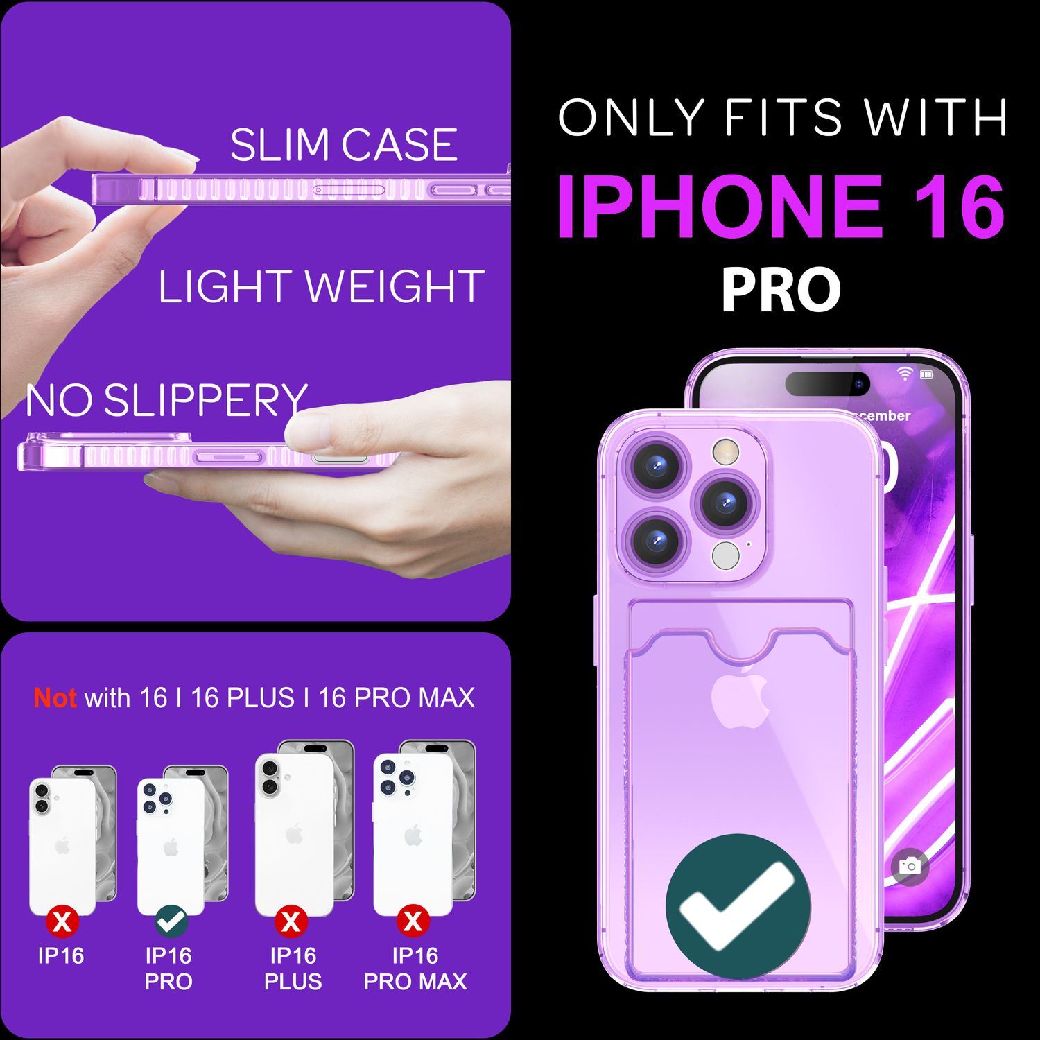 NALIA Klare Neon Hülle mit Kartenhalter für iPhone 16 Pro, Bunte Handyhülle mit Kartenfach, Silikon Durchsichtig Lila NALIA Neon Hülle