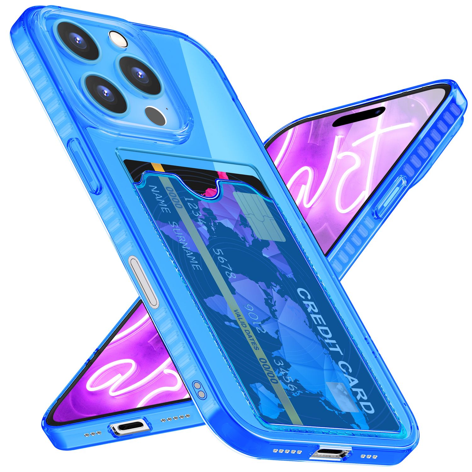 NALIA Klare Neon Hülle mit Kartenhalter für iPhone 16 Pro Max, Bunte Handyhülle mit Kartenfach, Durchsichtig Blau NALIA Neon Hülle