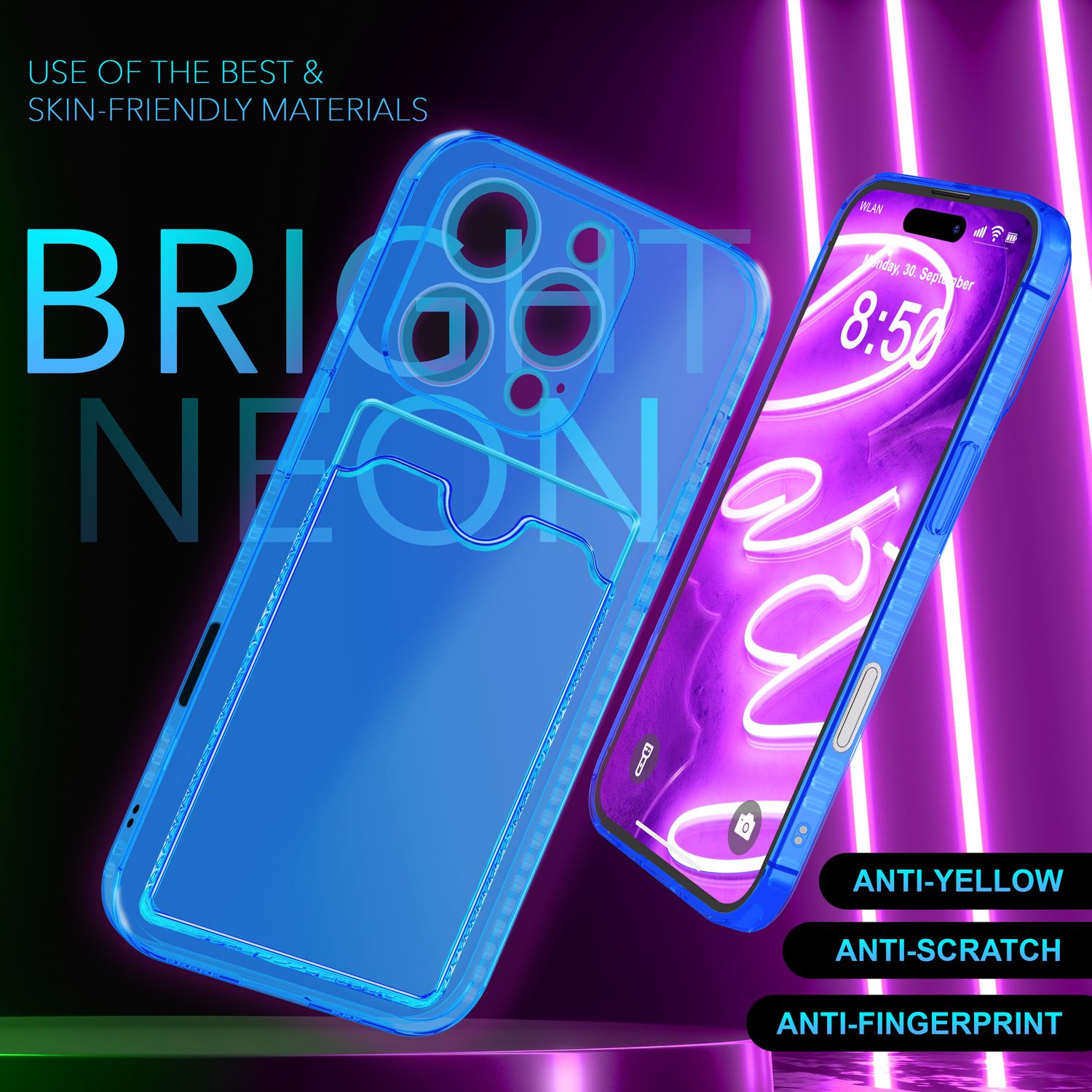 NALIA Klare Neon Hülle mit Kartenhalter für iPhone 16 Pro Max, Bunte Handyhülle mit Kartenfach, Durchsichtig Blau NALIA Neon Hülle