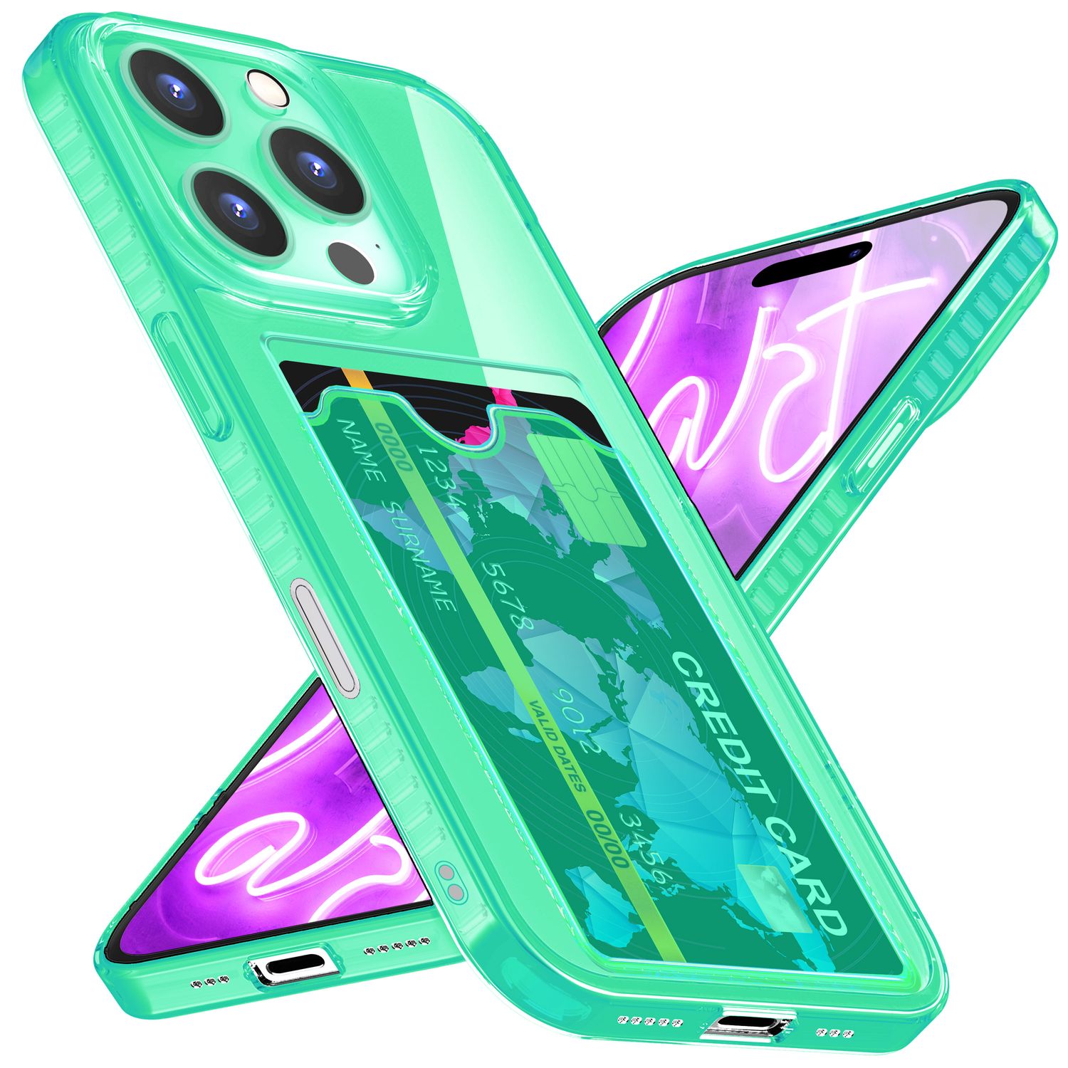 NALIA Klare Neon Hülle mit Kartenhalter für iPhone 16 Pro Max, Bunte Handyhülle mit Kartenfach, Durchsichtig Türkis NALIA Neon Hülle