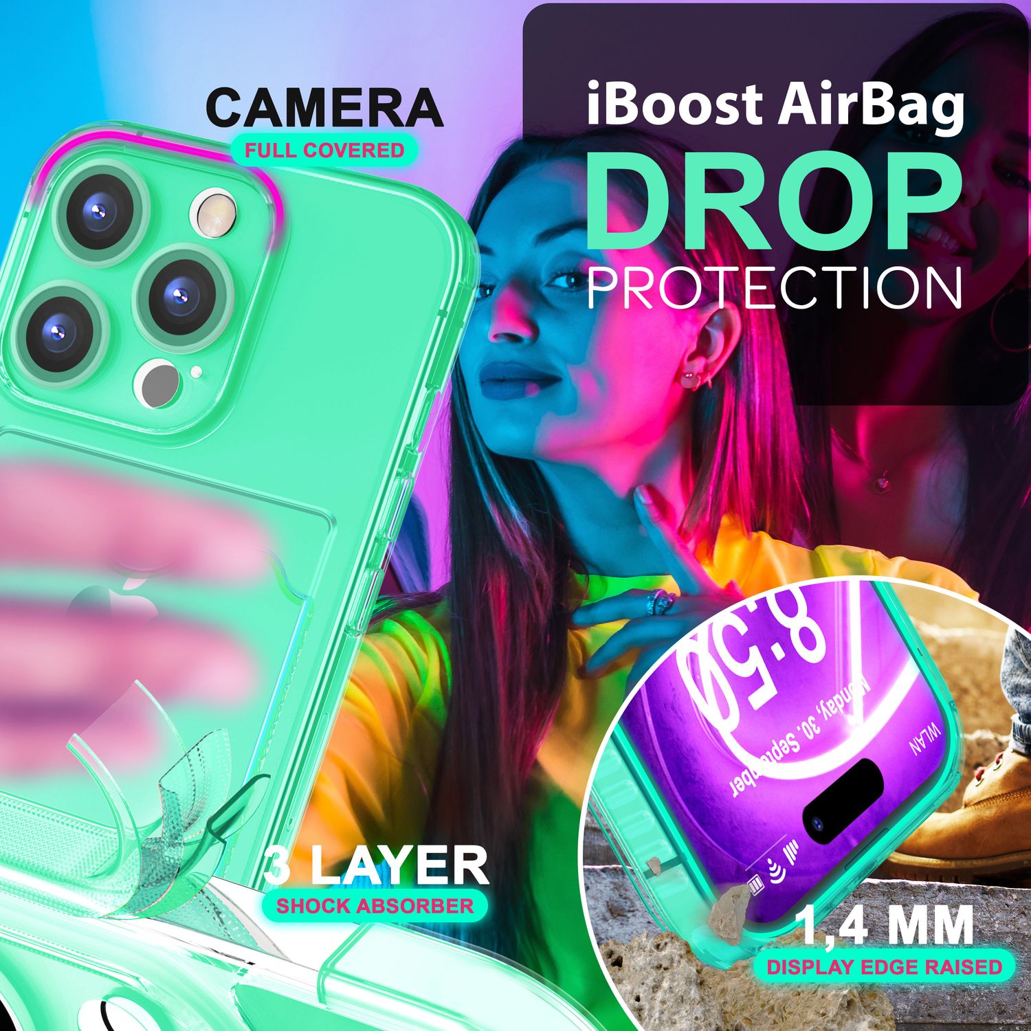 NALIA Klare Neon Hülle mit Kartenhalter für iPhone 16 Pro Max, Bunte Handyhülle mit Kartenfach, Durchsichtig Türkis NALIA Neon Hülle