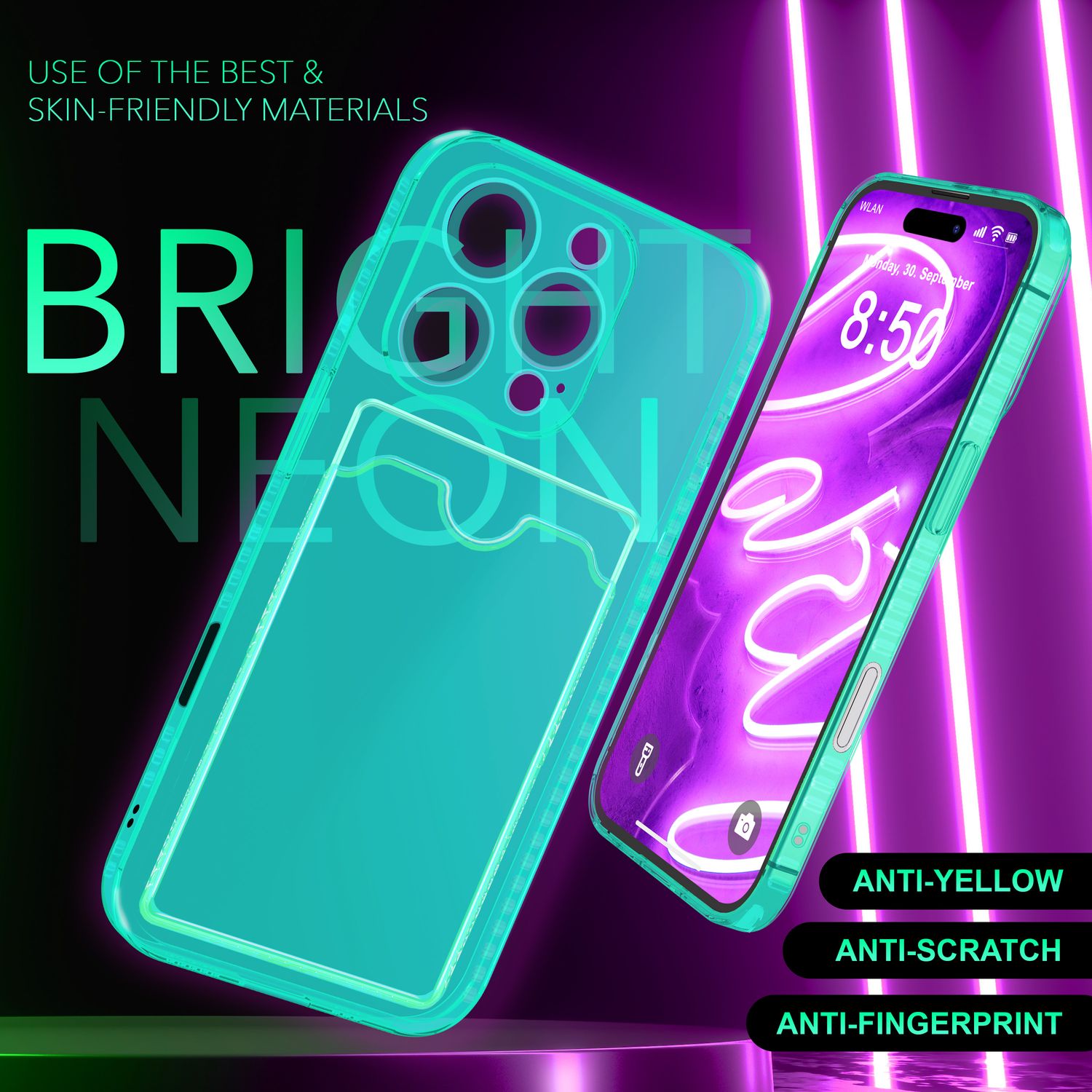 NALIA Klare Neon Hülle mit Kartenhalter für iPhone 16 Pro Max, Bunte Handyhülle mit Kartenfach, Durchsichtig Türkis NALIA Neon Hülle