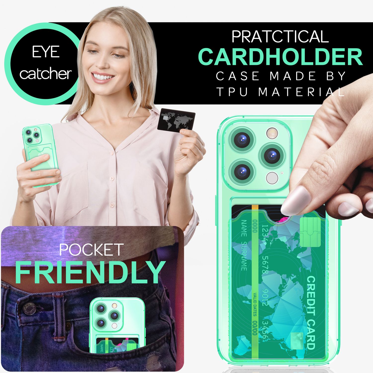 NALIA Klare Neon Hülle mit Kartenhalter für iPhone 16 Pro Max, Bunte Handyhülle mit Kartenfach, Durchsichtig Türkis NALIA Neon Hülle