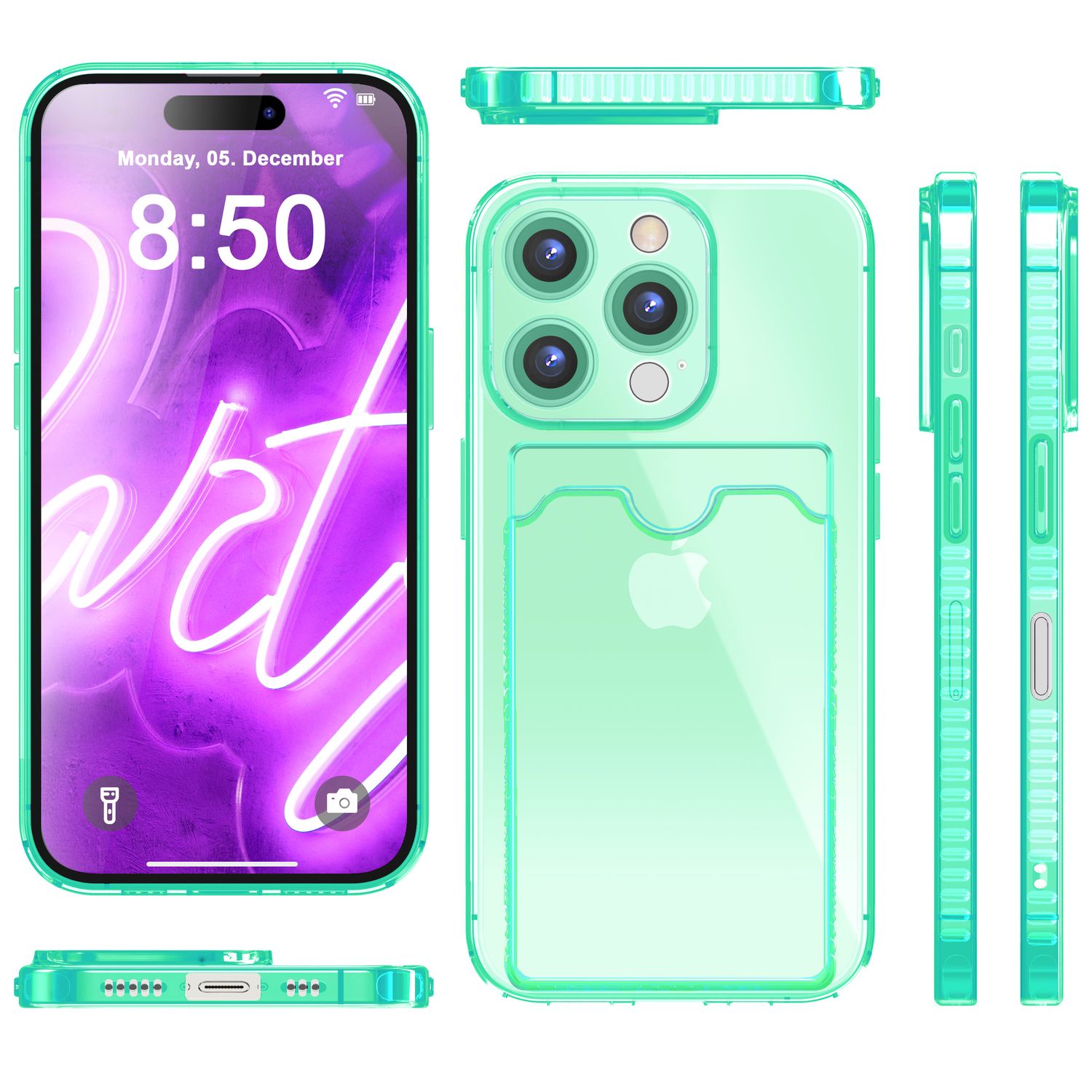 NALIA Klare Neon Hülle mit Kartenhalter für iPhone 16 Pro Max, Bunte Handyhülle mit Kartenfach, Durchsichtig Türkis NALIA Neon Hülle
