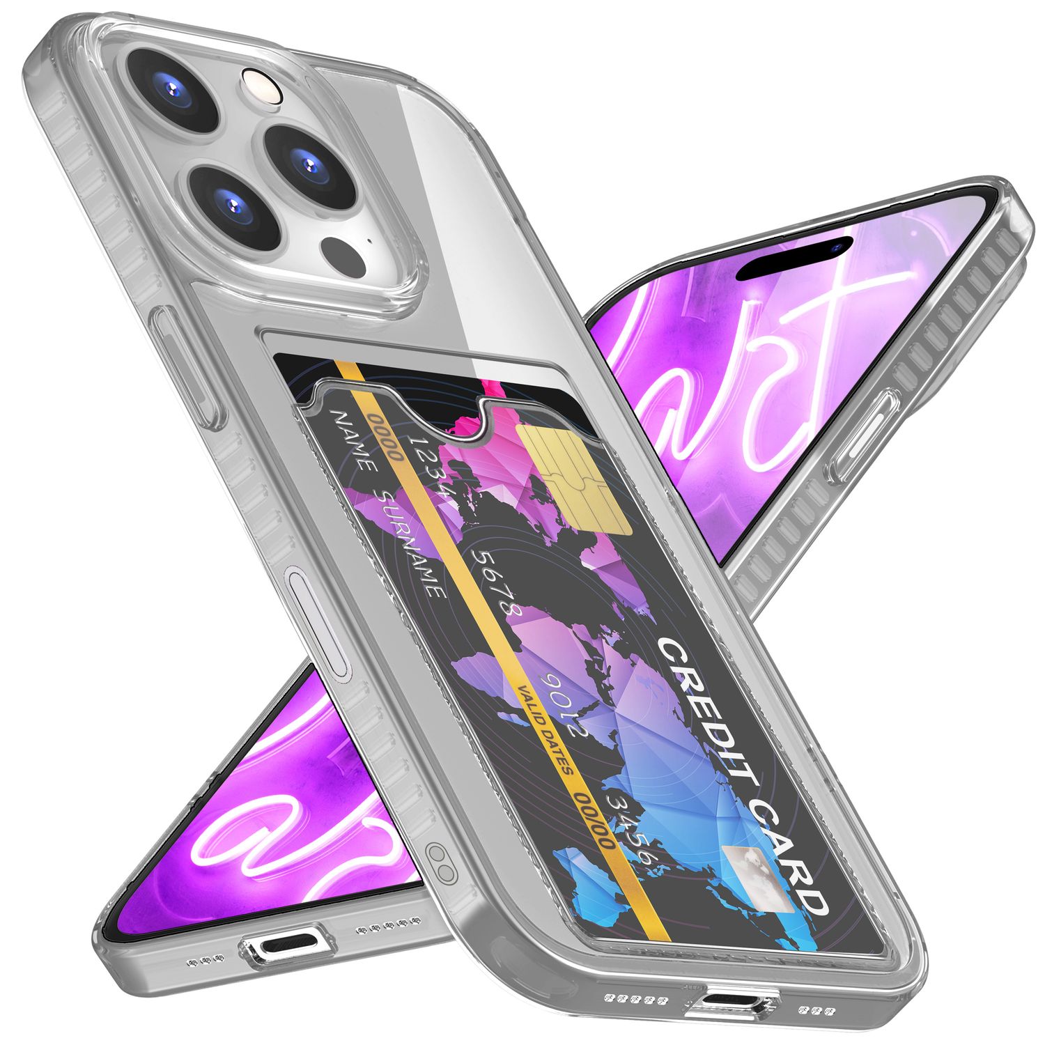 NALIA Klare Neon Hülle mit Kartenhalter für iPhone 16 Pro Max, Bunte Handyhülle mit Kartenfach, Durchsichtig Grau NALIA Neon Hülle