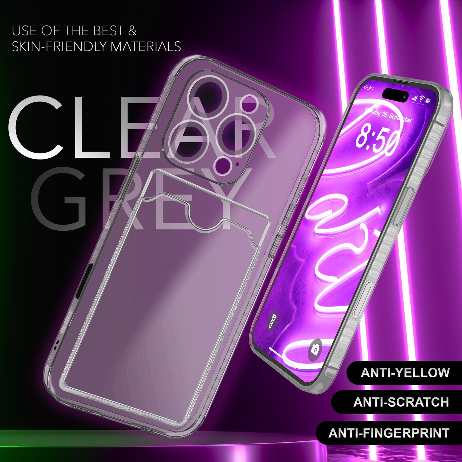 NALIA Klare Neon Hülle mit Kartenhalter für iPhone 16 Pro Max, Bunte Handyhülle mit Kartenfach, Durchsichtig Grau NALIA Neon Hülle