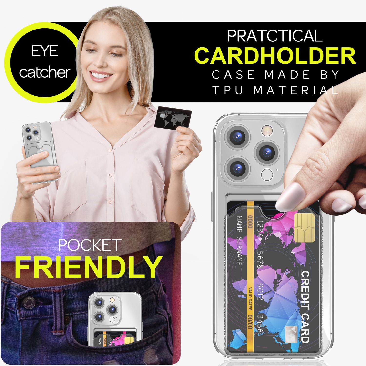 NALIA Klare Neon Hülle mit Kartenhalter für iPhone 16 Pro Max, Bunte Handyhülle mit Kartenfach, Durchsichtig Grau NALIA Neon Hülle