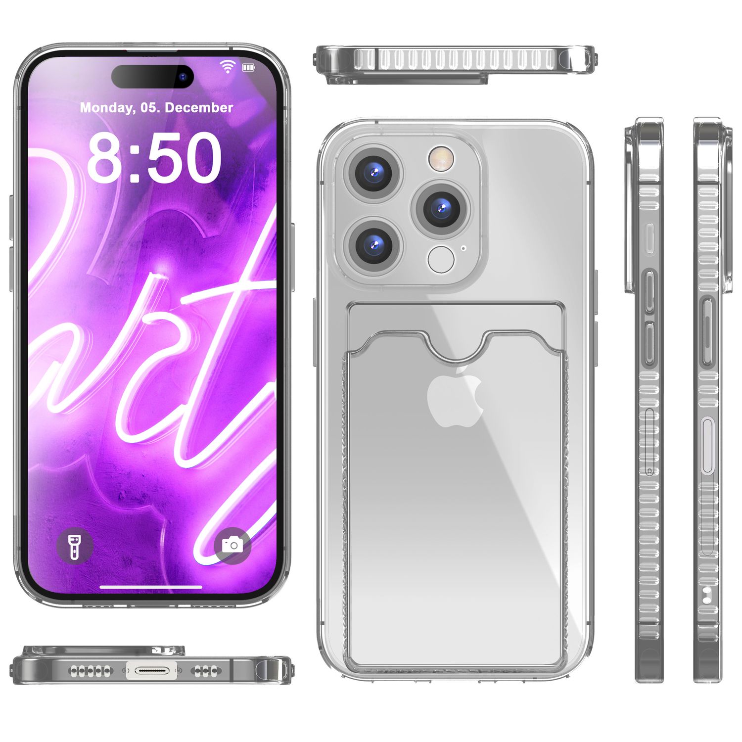NALIA Klare Neon Hülle mit Kartenhalter für iPhone 16 Pro Max, Bunte Handyhülle mit Kartenfach, Durchsichtig Grau NALIA Neon Hülle