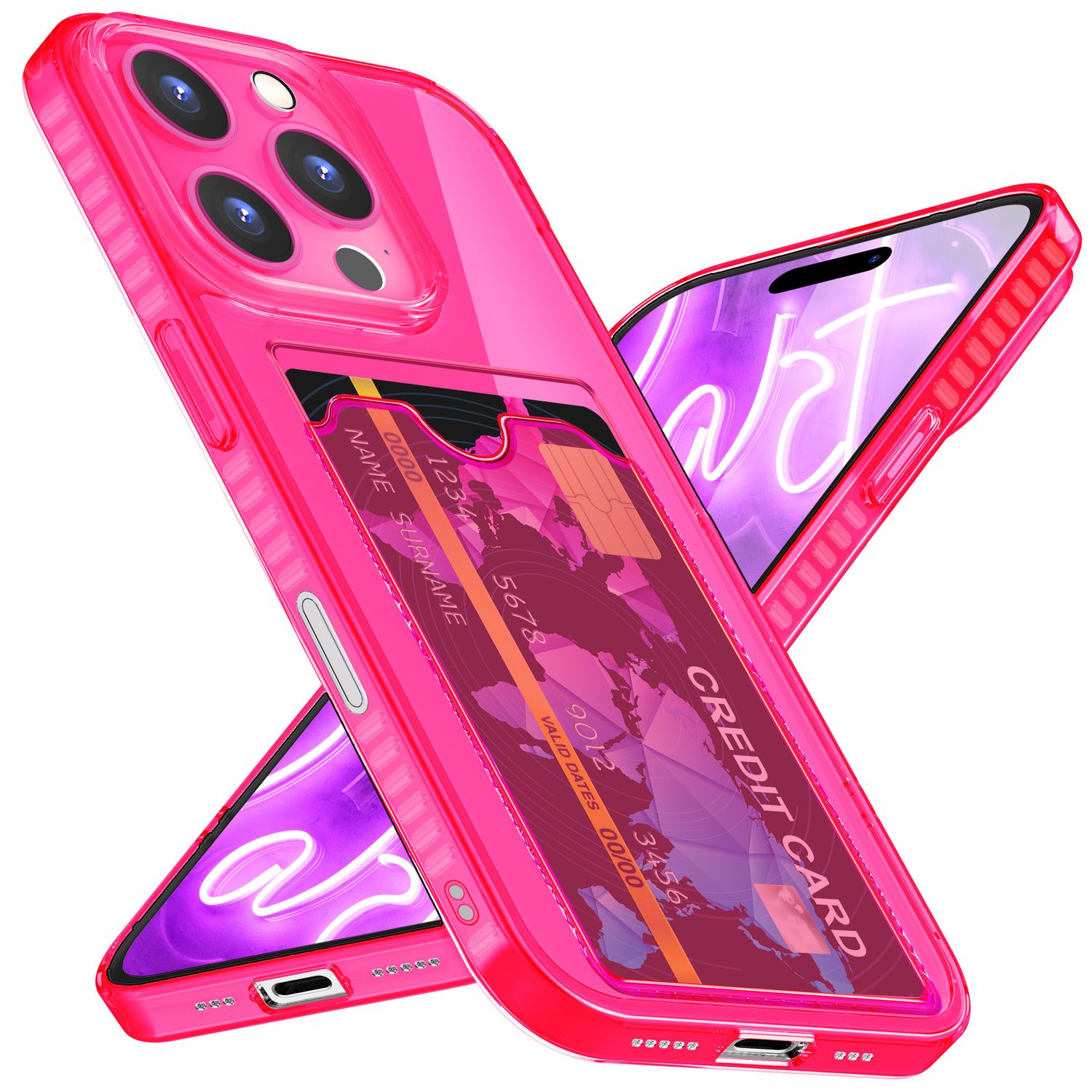 NALIA Klare Neon Hülle mit Kartenhalter für iPhone 16 Pro Max, Bunte Handyhülle mit Kartenfach, Durchsichtig Pink NALIA Neon Hülle