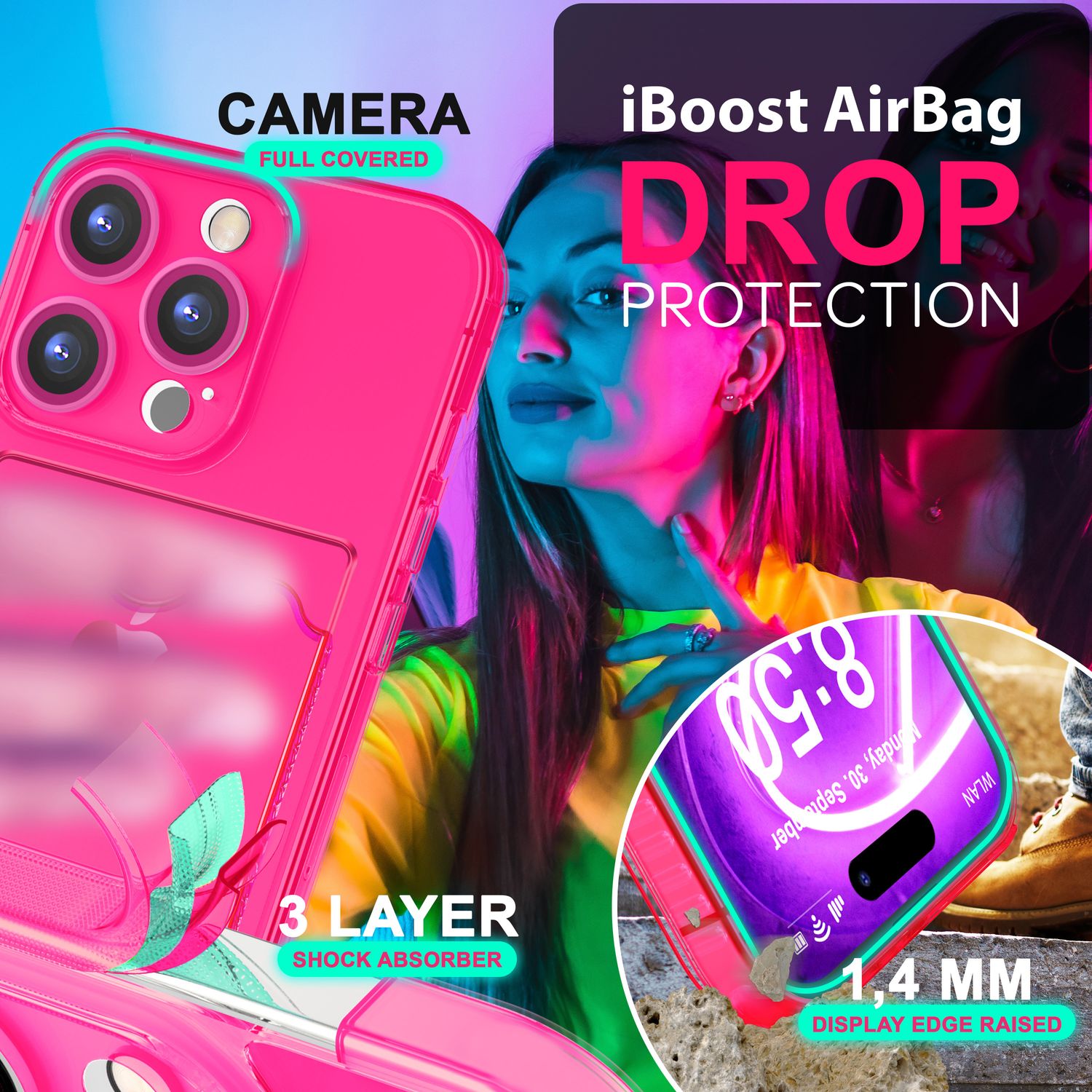 NALIA Klare Neon Hülle mit Kartenhalter für iPhone 16 Pro Max, Bunte Handyhülle mit Kartenfach, Durchsichtig Pink NALIA Neon Hülle