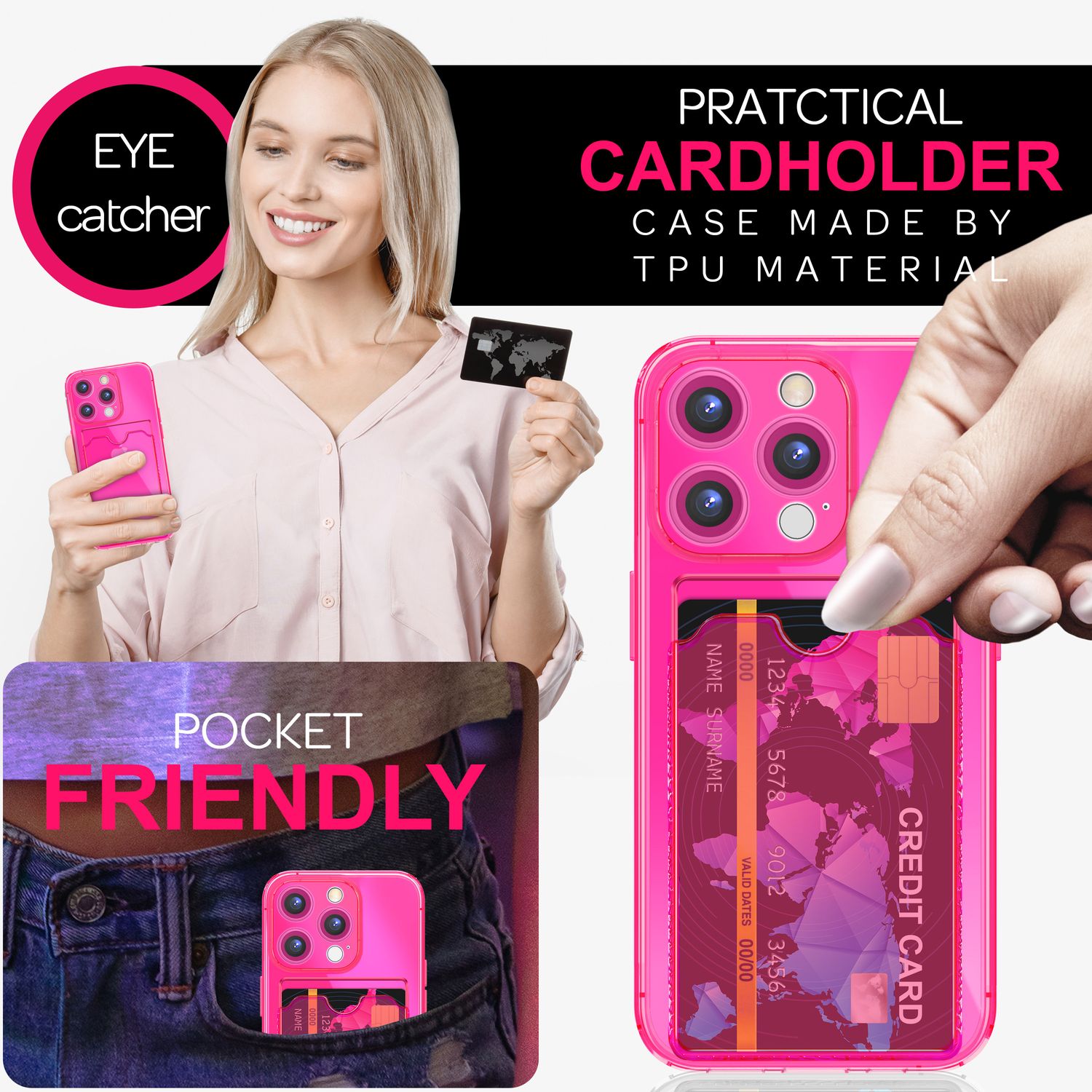 NALIA Klare Neon Hülle mit Kartenhalter für iPhone 16 Pro Max, Bunte Handyhülle mit Kartenfach, Durchsichtig Pink NALIA Neon Hülle