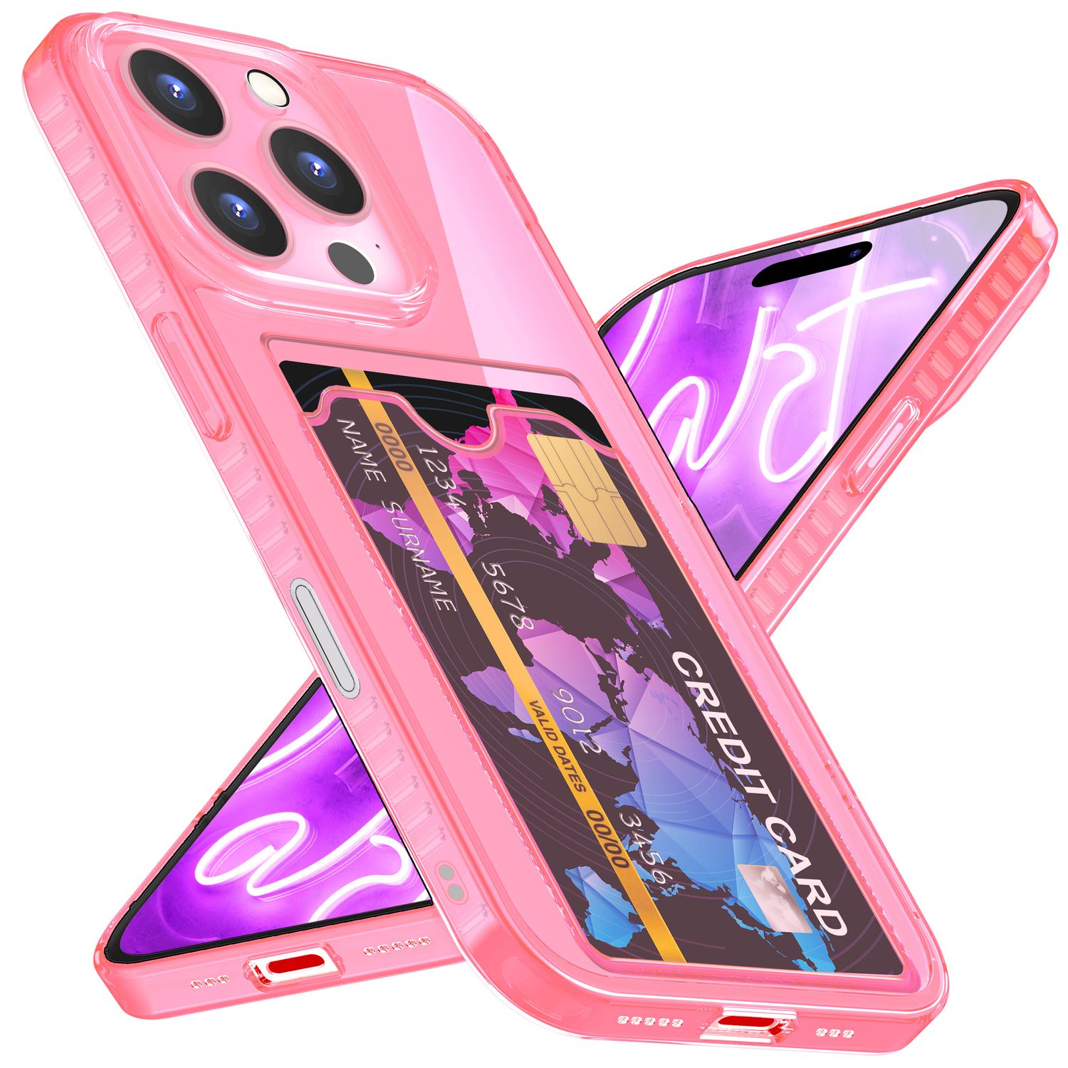 NALIA Klare Neon Hülle mit Kartenhalter für iPhone 16 Pro Max, Bunte Handyhülle mit Kartenfach, Durchsichtig Rosa NALIA Neon Hülle