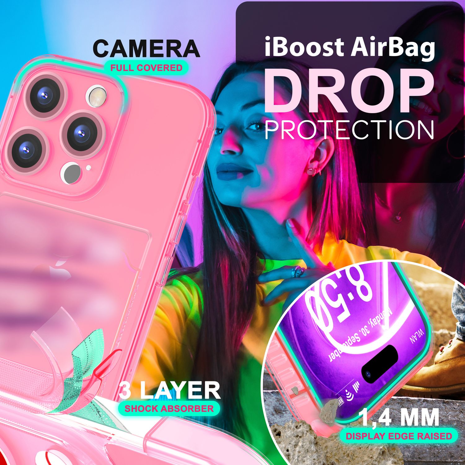 NALIA Klare Neon Hülle mit Kartenhalter für iPhone 16 Pro Max, Bunte Handyhülle mit Kartenfach, Durchsichtig Rosa NALIA Neon Hülle