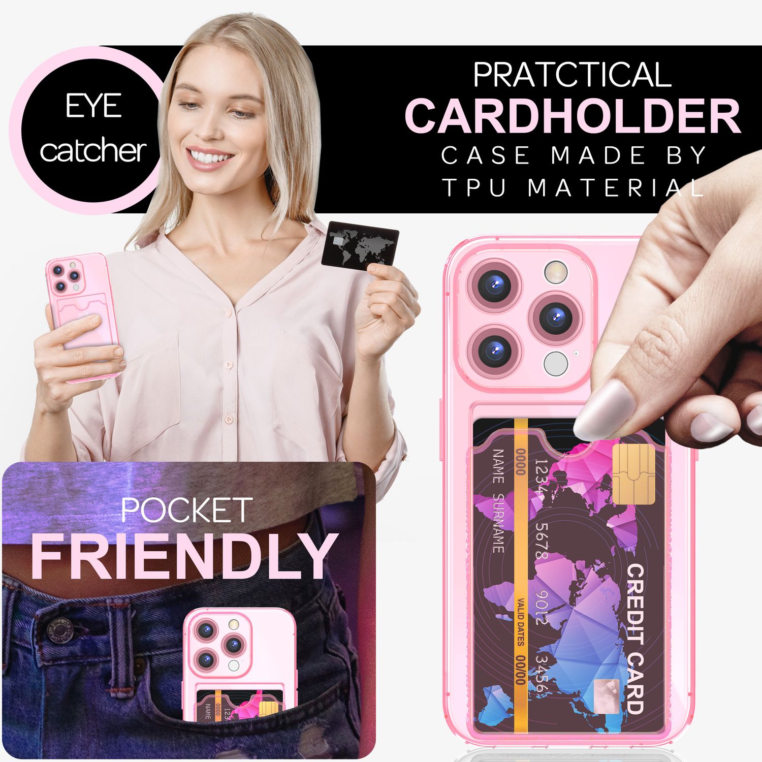 NALIA Klare Neon Hülle mit Kartenhalter für iPhone 16 Pro Max, Bunte Handyhülle mit Kartenfach, Durchsichtig Rosa NALIA Neon Hülle