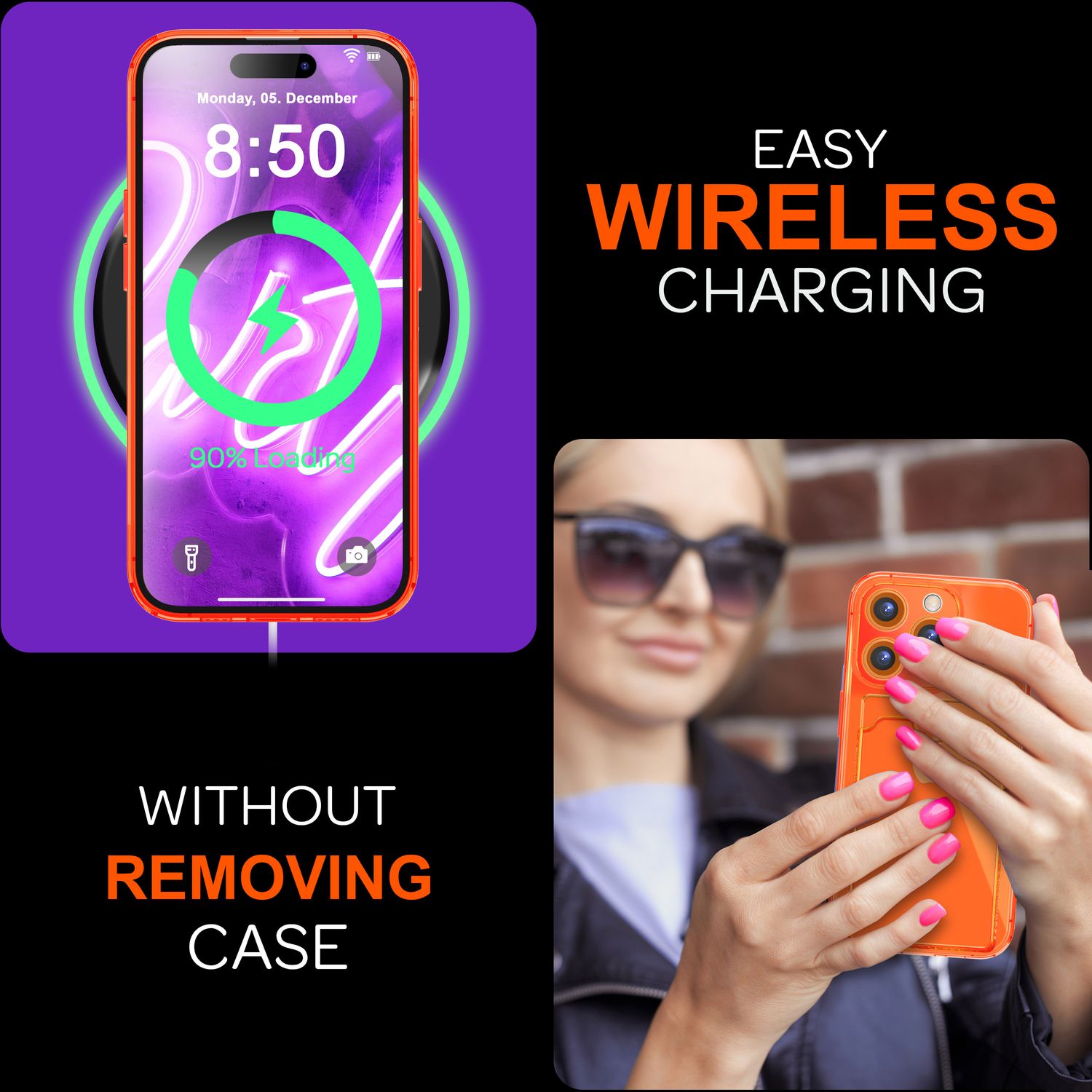 NALIA Klare Neon Hülle mit Kartenhalter für iPhone 16 Pro Max, Bunte Handyhülle mit Kartenfach, Durchsichtig Orange NALIA Neon Hülle