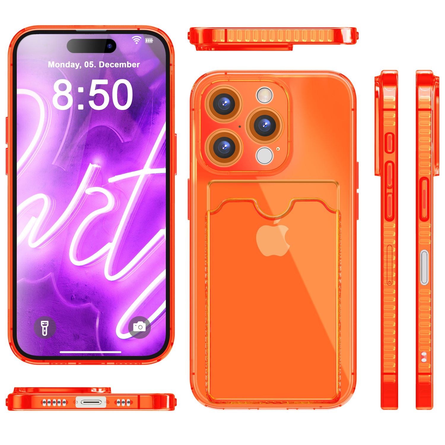 NALIA Klare Neon Hülle mit Kartenhalter für iPhone 16 Pro Max, Bunte Handyhülle mit Kartenfach, Durchsichtig Orange NALIA Neon Hülle