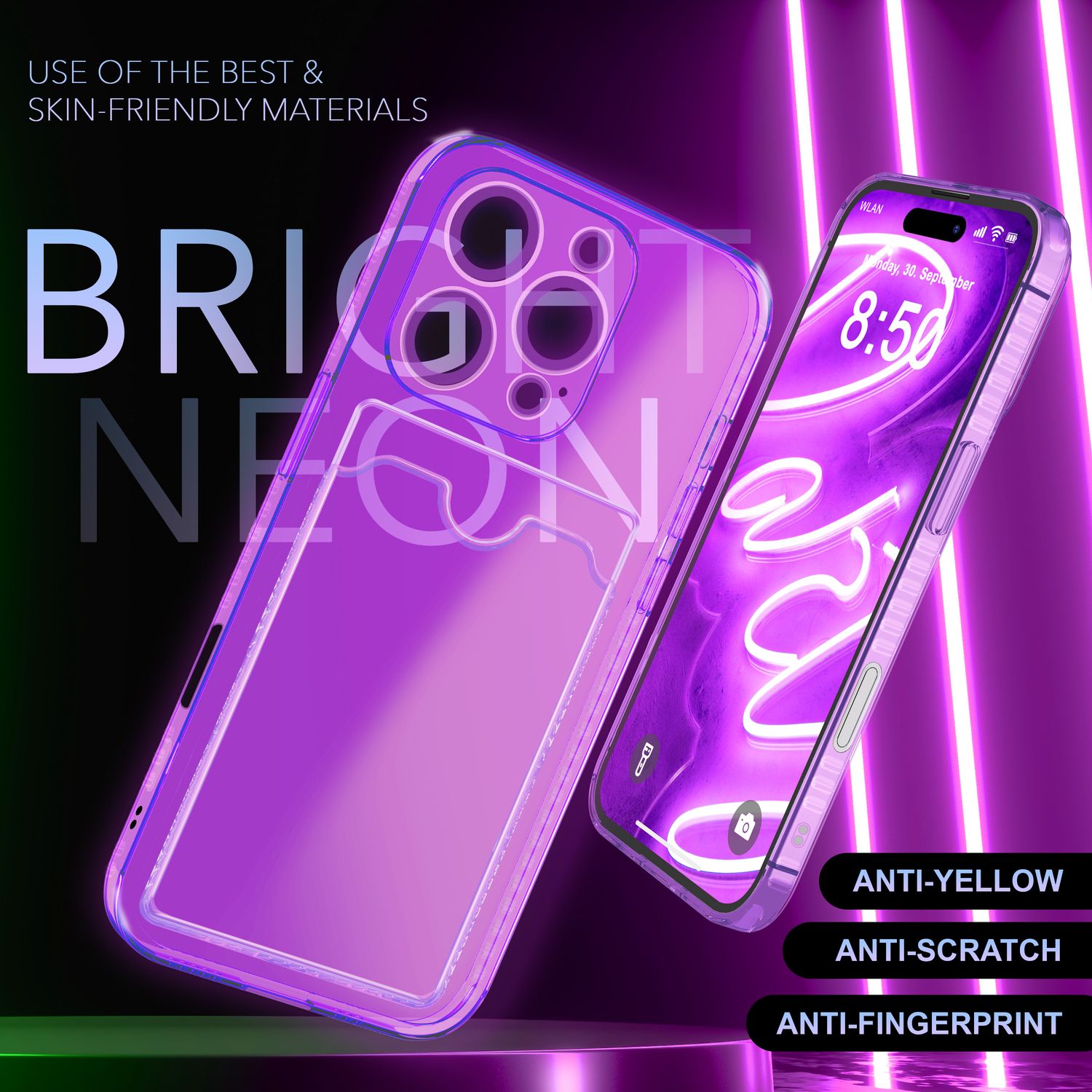 NALIA Klare Neon Hülle mit Kartenhalter für iPhone 16 Pro Max, Bunte Handyhülle mit Kartenfach, Durchsichtig Lila NALIA Neon Hülle