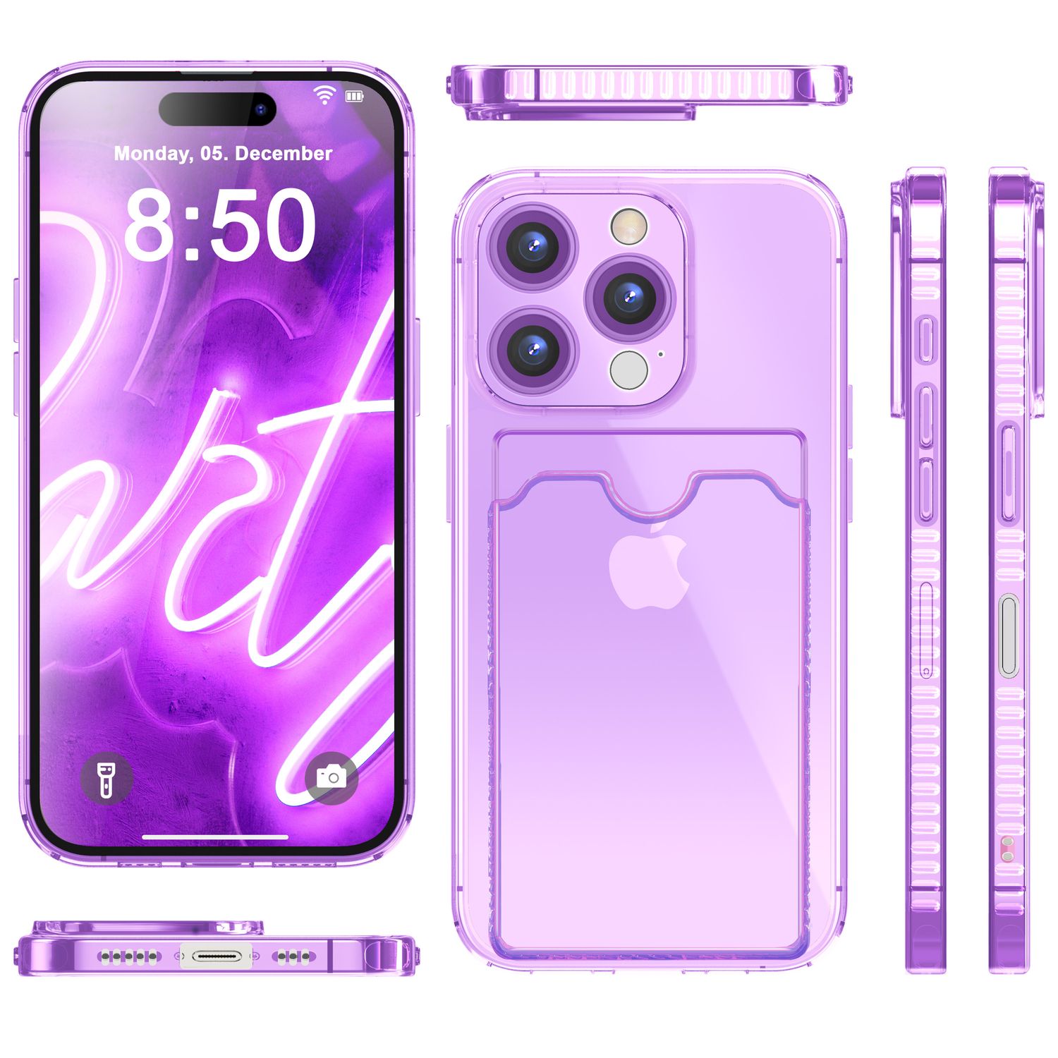 NALIA Klare Neon Hülle mit Kartenhalter für iPhone 16 Pro Max, Bunte Handyhülle mit Kartenfach, Durchsichtig Lila NALIA Neon Hülle