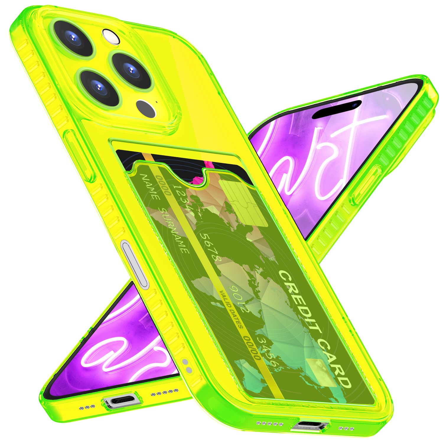 NALIA Klare Neon Hülle mit Kartenhalter für iPhone 16 Pro Max, Bunte Handyhülle mit Kartenfach, Durchsichtig Gelb NALIA Neon Hülle