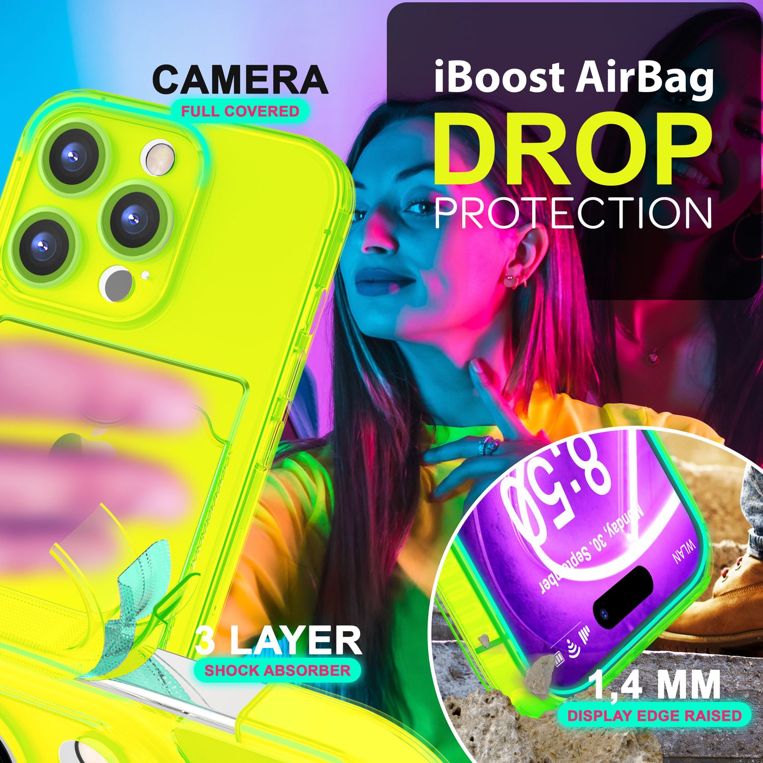 NALIA Klare Neon Hülle mit Kartenhalter für iPhone 16 Pro Max, Bunte Handyhülle mit Kartenfach, Durchsichtig Gelb NALIA Neon Hülle