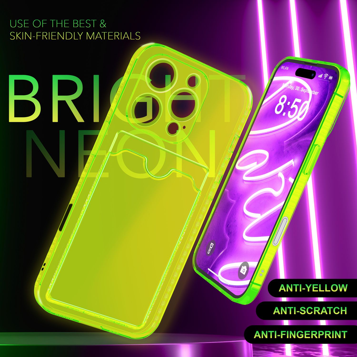 NALIA Klare Neon Hülle mit Kartenhalter für iPhone 16 Pro Max, Bunte Handyhülle mit Kartenfach, Durchsichtig Gelb NALIA Neon Hülle