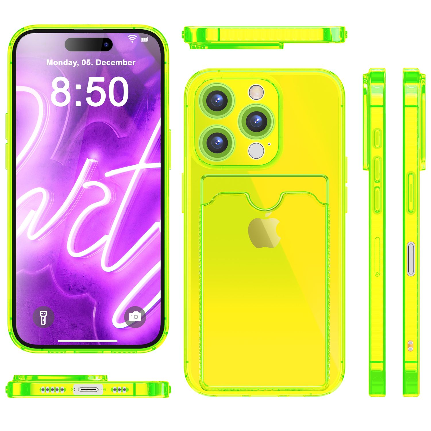 NALIA Klare Neon Hülle mit Kartenhalter für iPhone 16 Pro Max, Bunte Handyhülle mit Kartenfach, Durchsichtig Gelb NALIA Neon Hülle