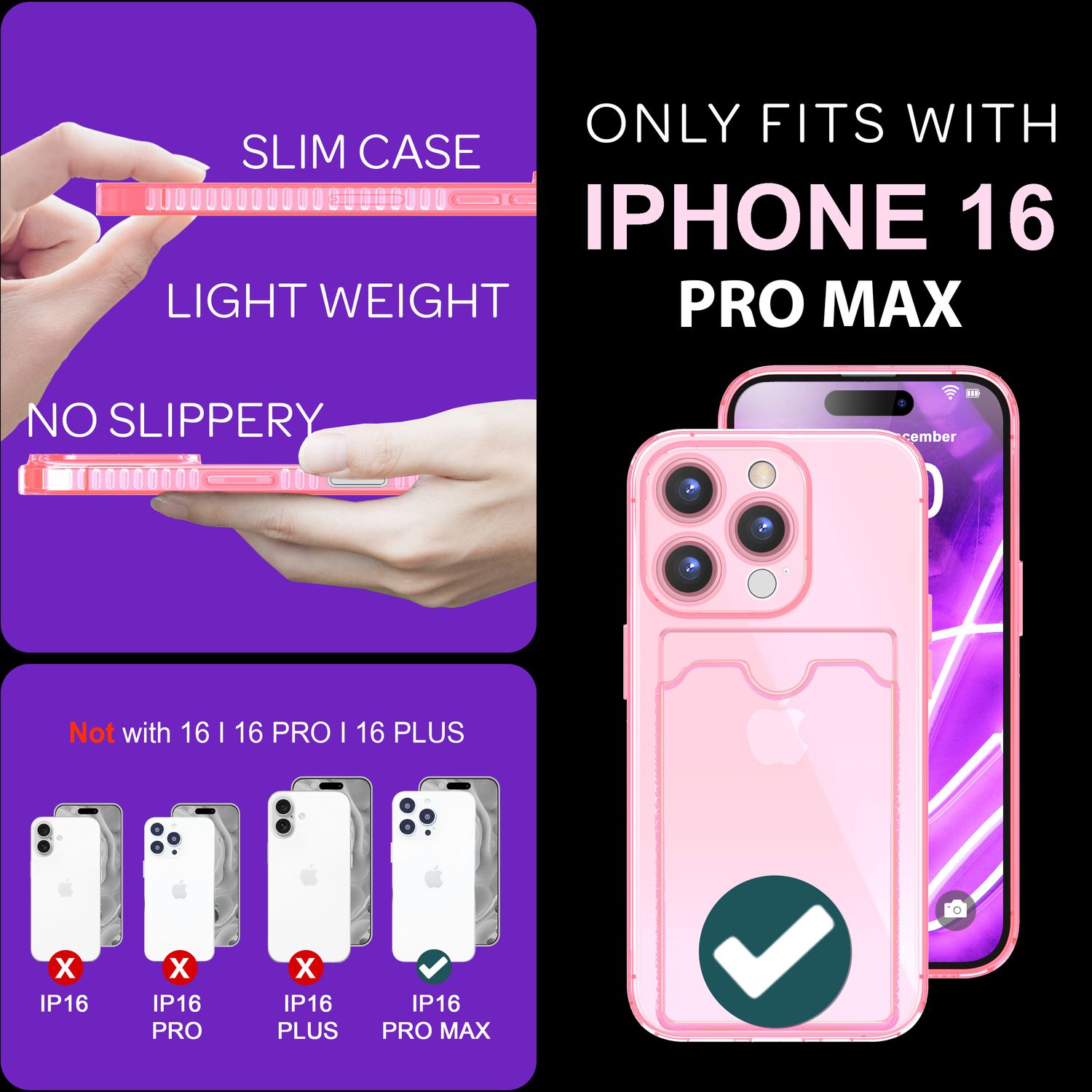 NALIA Klare Neon Hülle mit Kartenhalter für iPhone 16 Pro Max, Bunte Handyhülle mit Kartenfach, Durchsichtig Rosa NALIA Neon Hülle