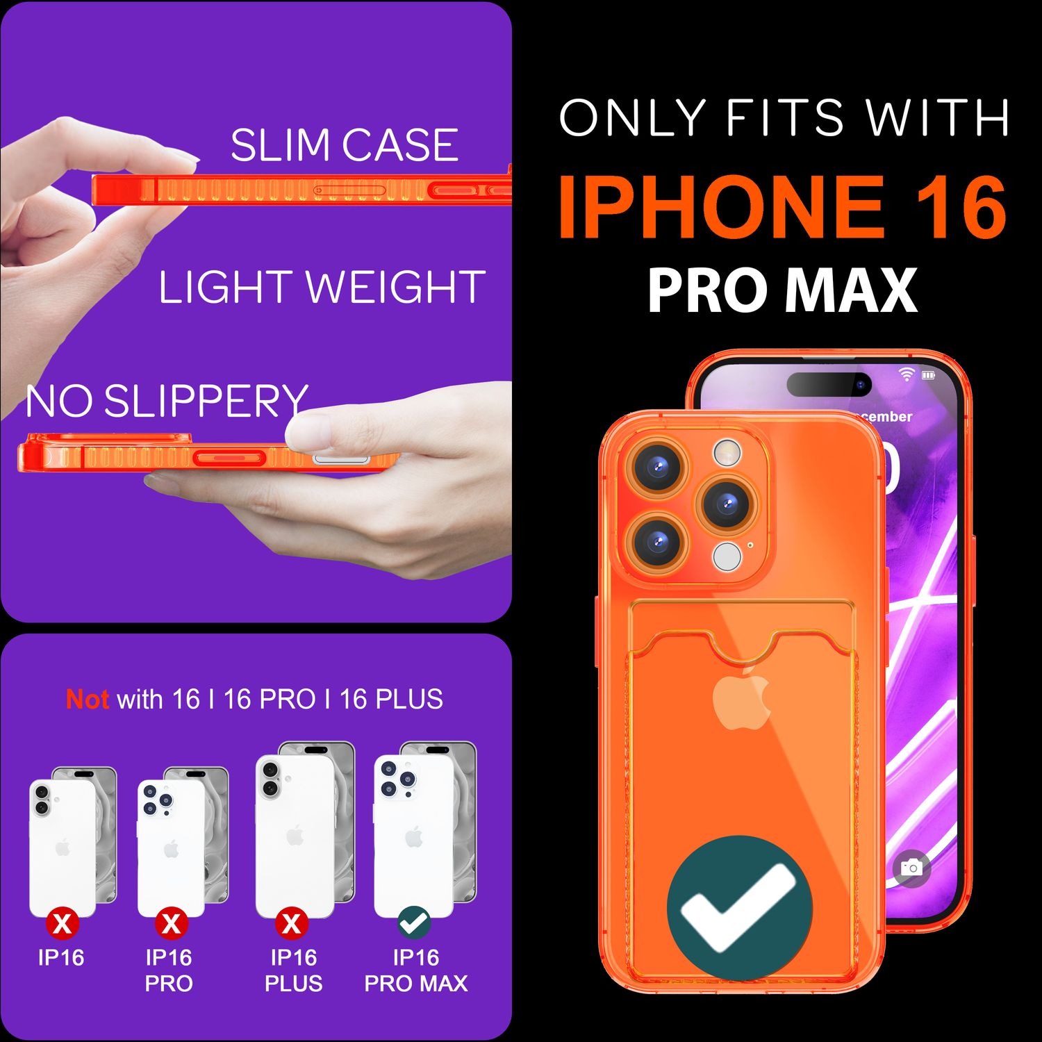 NALIA Klare Neon Hülle mit Kartenhalter für iPhone 16 Pro Max, Bunte Handyhülle mit Kartenfach, Durchsichtig Orange NALIA Neon Hülle