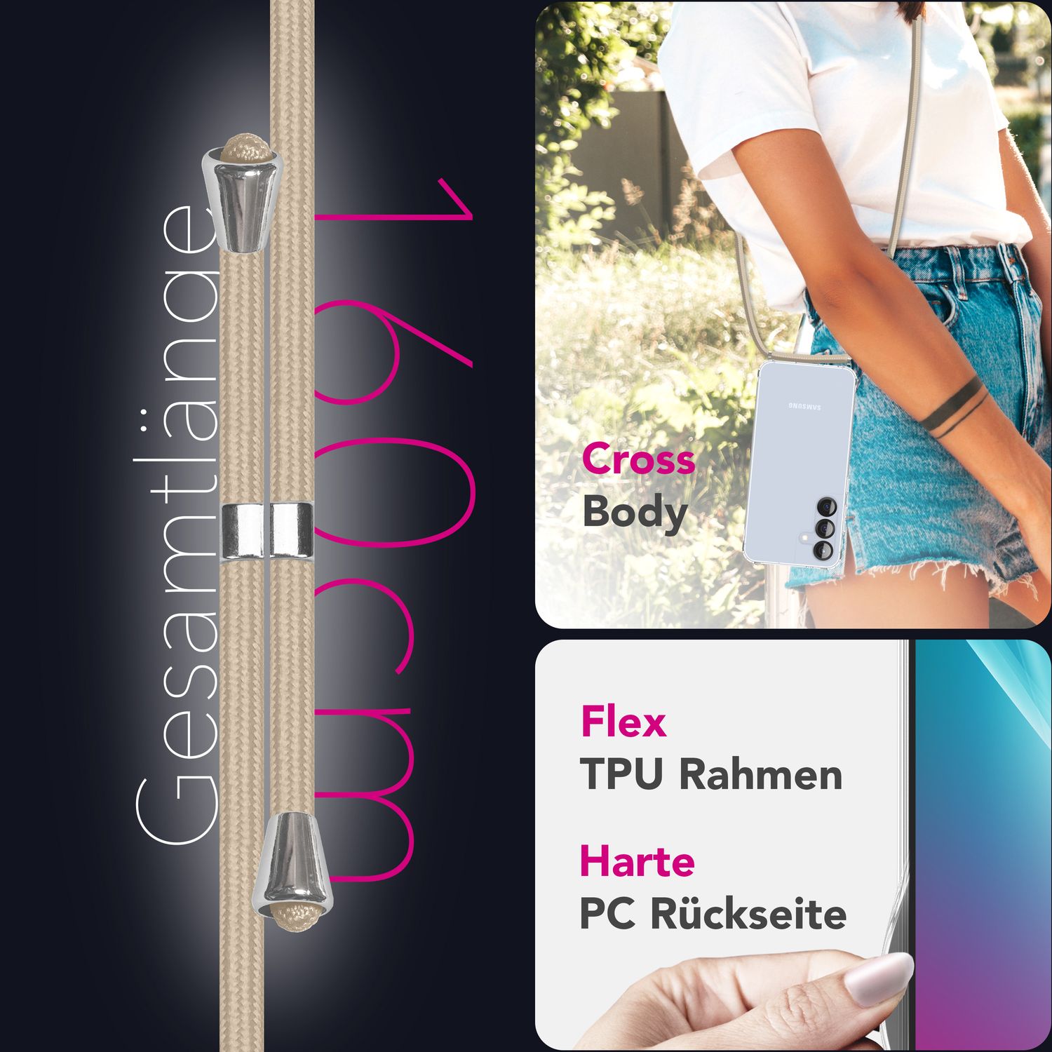 NALIA Hangit für Samsung Galaxy S25 Plus Hülle, Transparente Umhängehülle mit Verstellbarer Handykette, Harte Crossbody Schutzhülle, Klare Handyhülle mit Band Sandstein Beige NALIA Transparente Hülle