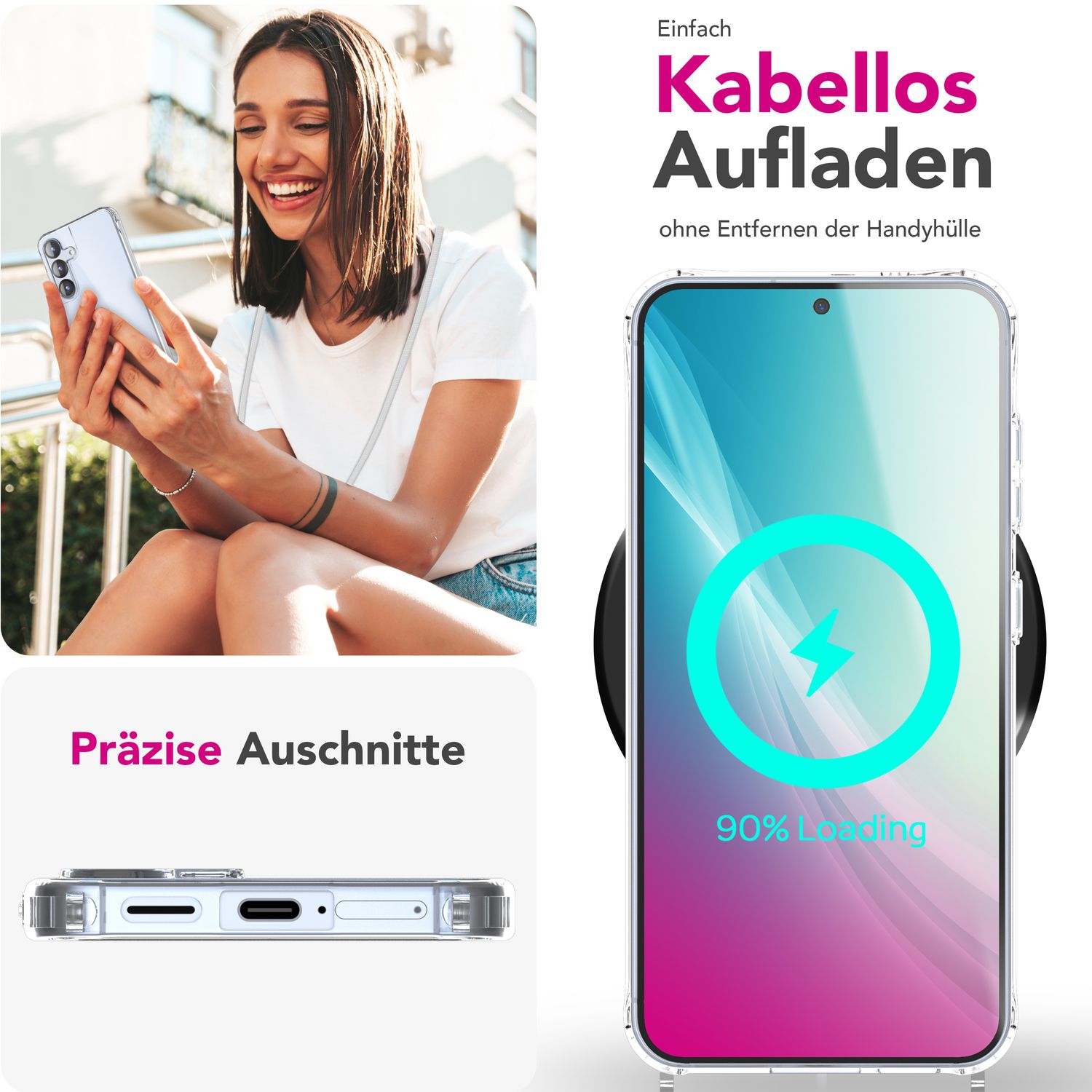 NALIA Hangit für Samsung Galaxy S25 Plus Hülle, Transparente Umhängehülle mit Verstellbarer Handykette, Harte Crossbody Schutzhülle, Klare Handyhülle mit Band Mondweiß NALIA Transparente Hülle