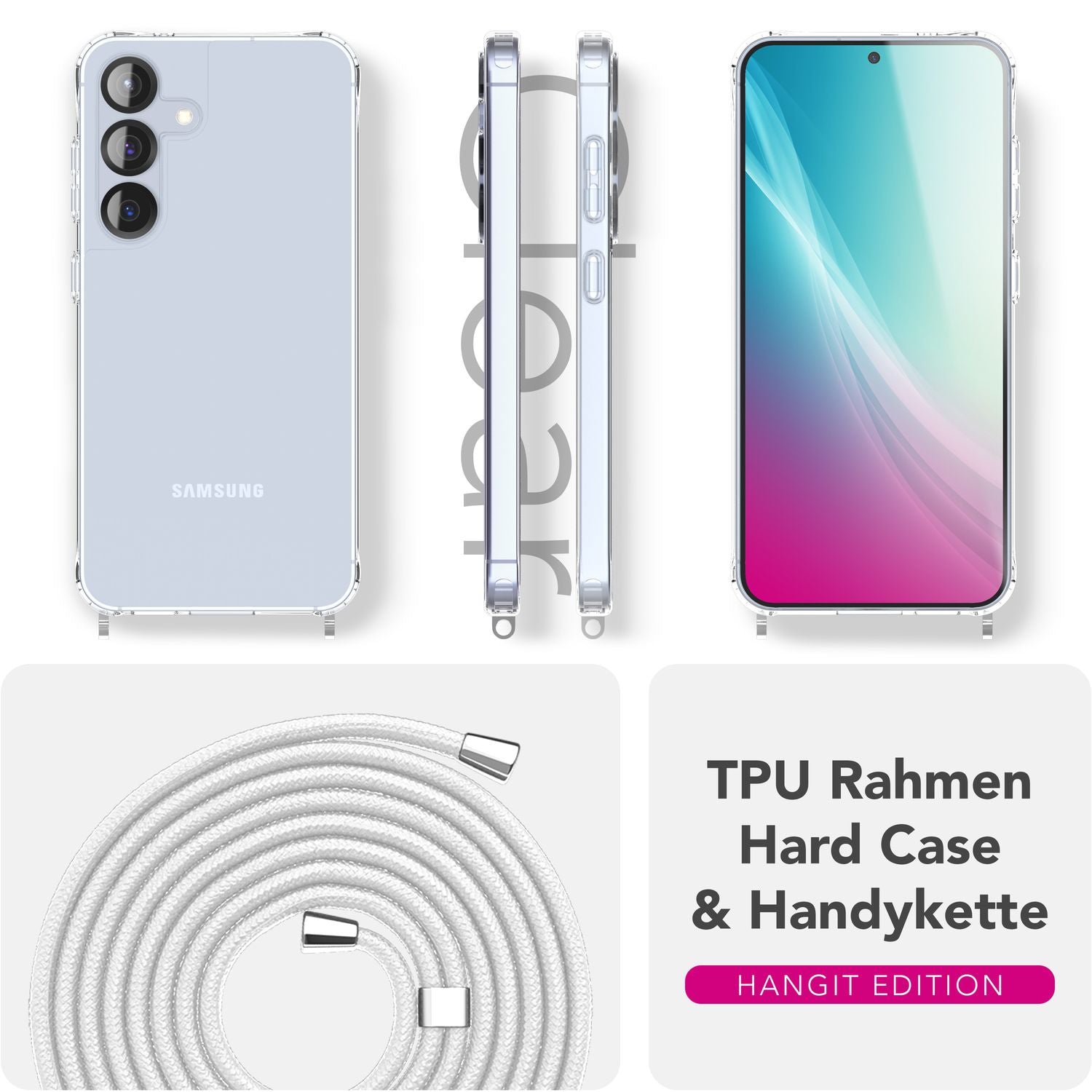 NALIA Hangit für Samsung Galaxy S25 Plus Hülle, Transparente Umhängehülle mit Verstellbarer Handykette, Harte Crossbody Schutzhülle, Klare Handyhülle mit Band Mondweiß NALIA Transparente Hülle