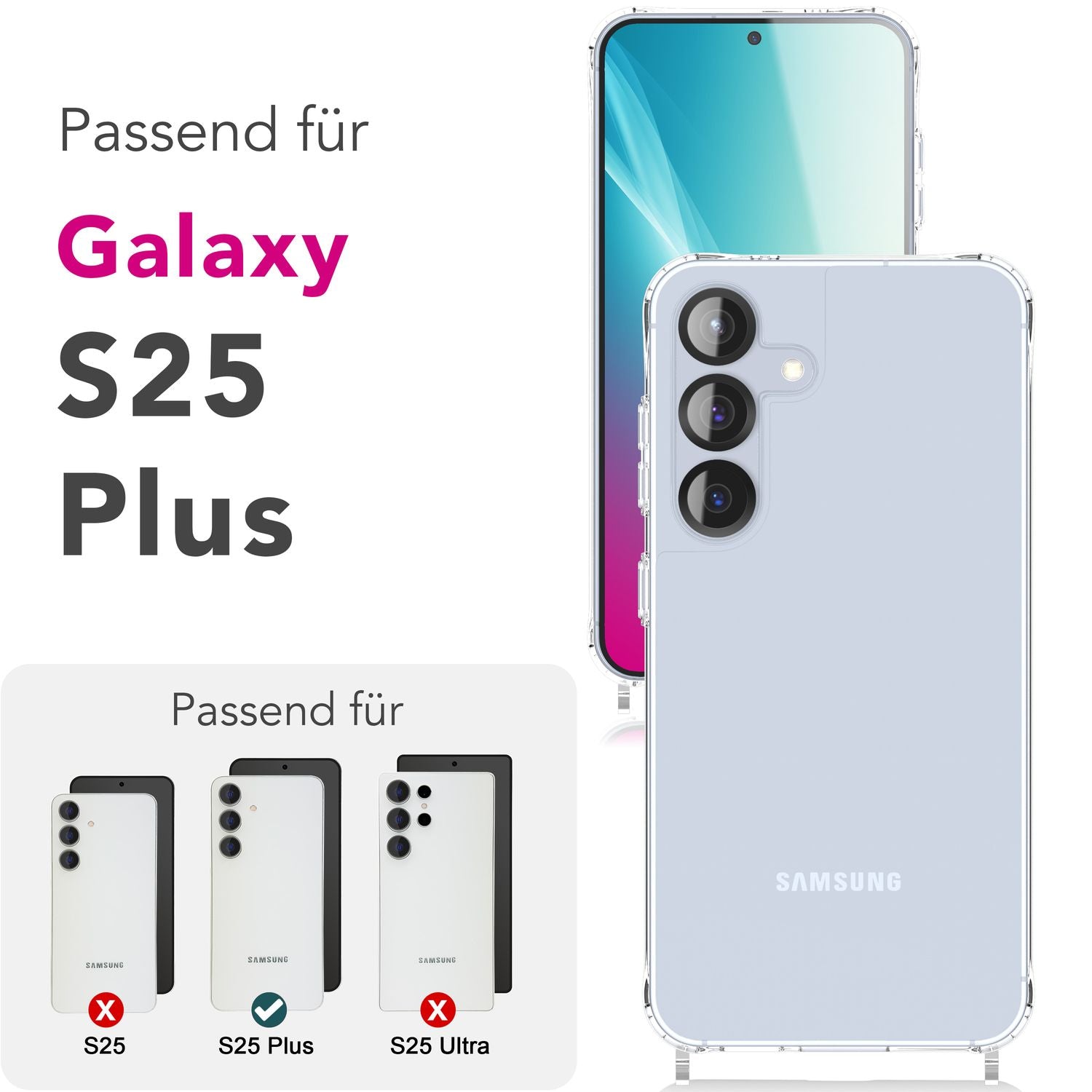 NALIA Hangit für Samsung Galaxy S25 Plus Hülle, Transparente Umhängehülle mit Verstellbarer Handykette, Harte Crossbody Schutzhülle, Klare Handyhülle mit Band Mitternacht Schwarz NALIA Transparente Hülle