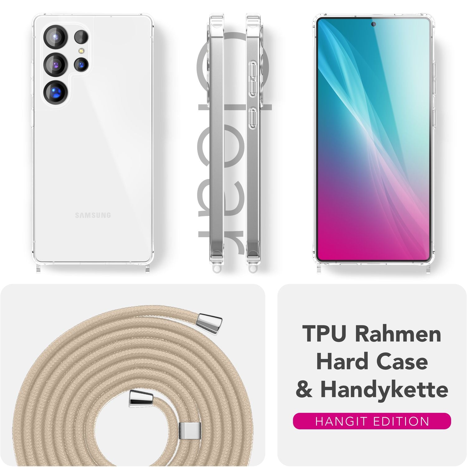NALIA Hangit für Samsung Galaxy S25 Ultra Hülle, Verstellbare Crossbody Handyhülle mit Band zum Umhängen, Klare Schutzhülle mit Handykette, Verstärkte Bandhülle