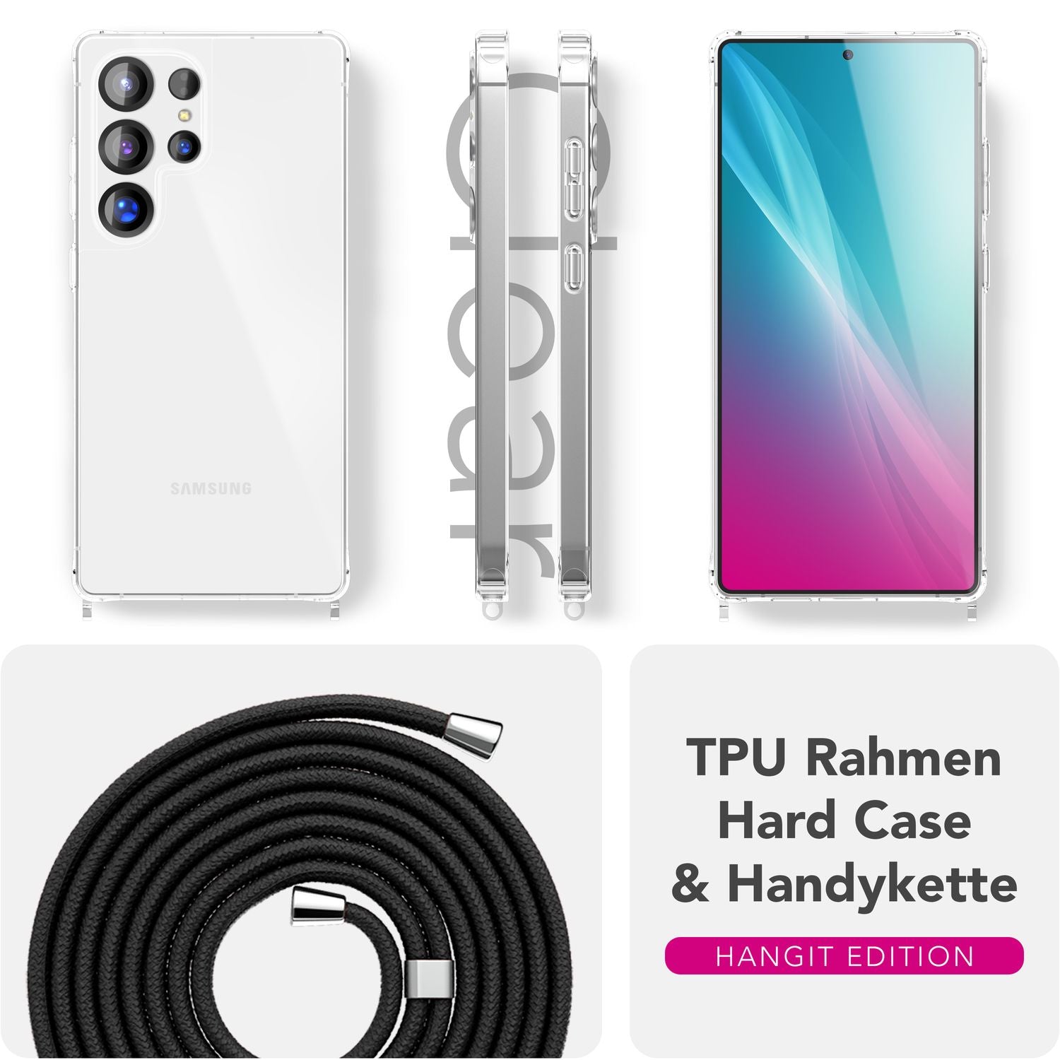 NALIA Hangit für Samsung Galaxy S25 Ultra Hülle, Verstellbare Crossbody Handyhülle mit Band zum Umhängen, Klare Schutzhülle mit Handykette, Verstärkte Bandhülle