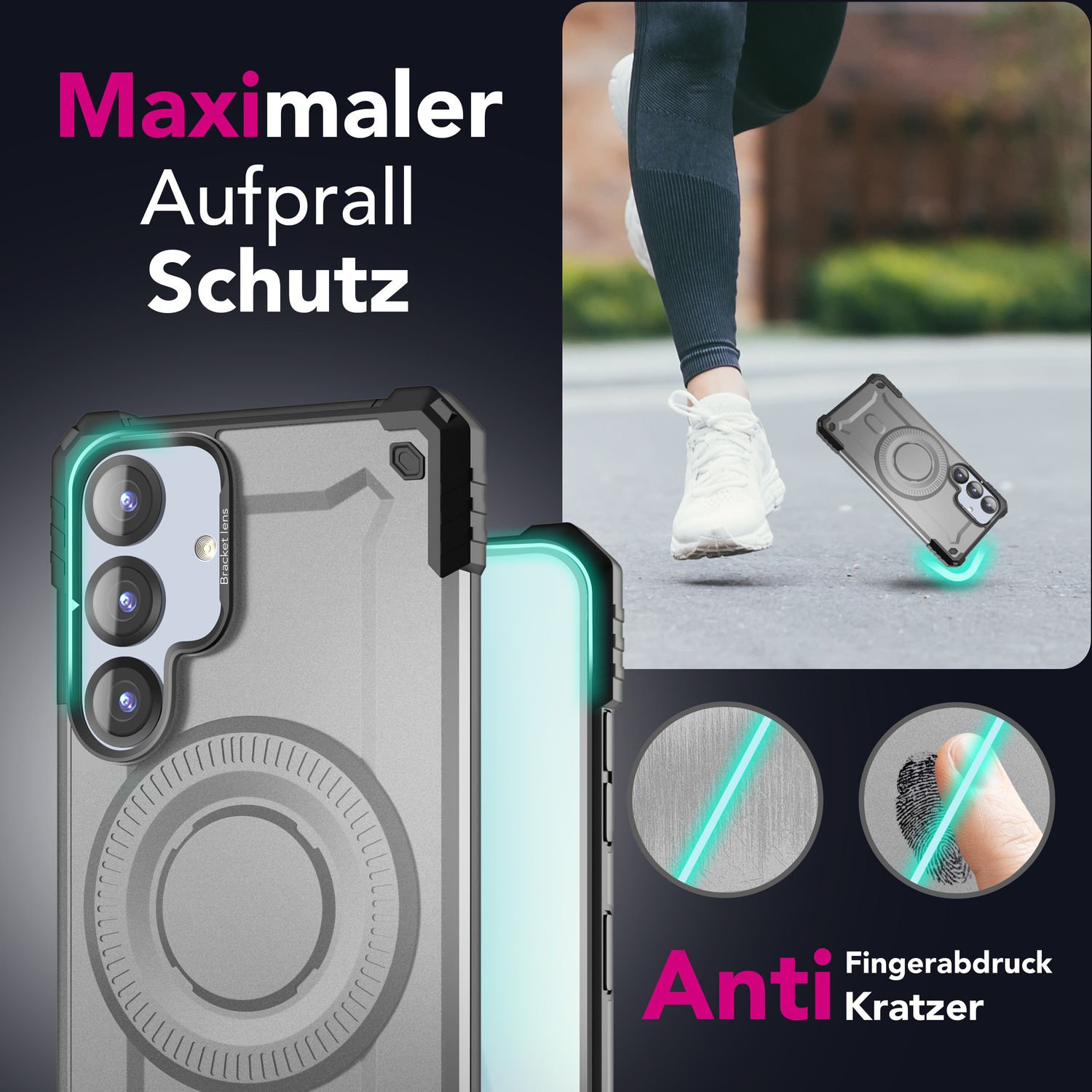NALIA Granite für Samsung Galaxy S25 Hülle für MagSafe, Armor Panzerhülle, Ultra Robuste Schlagfeste Militärschutz Handyhülle, mit Magnet-Ring und Kamera-Stand