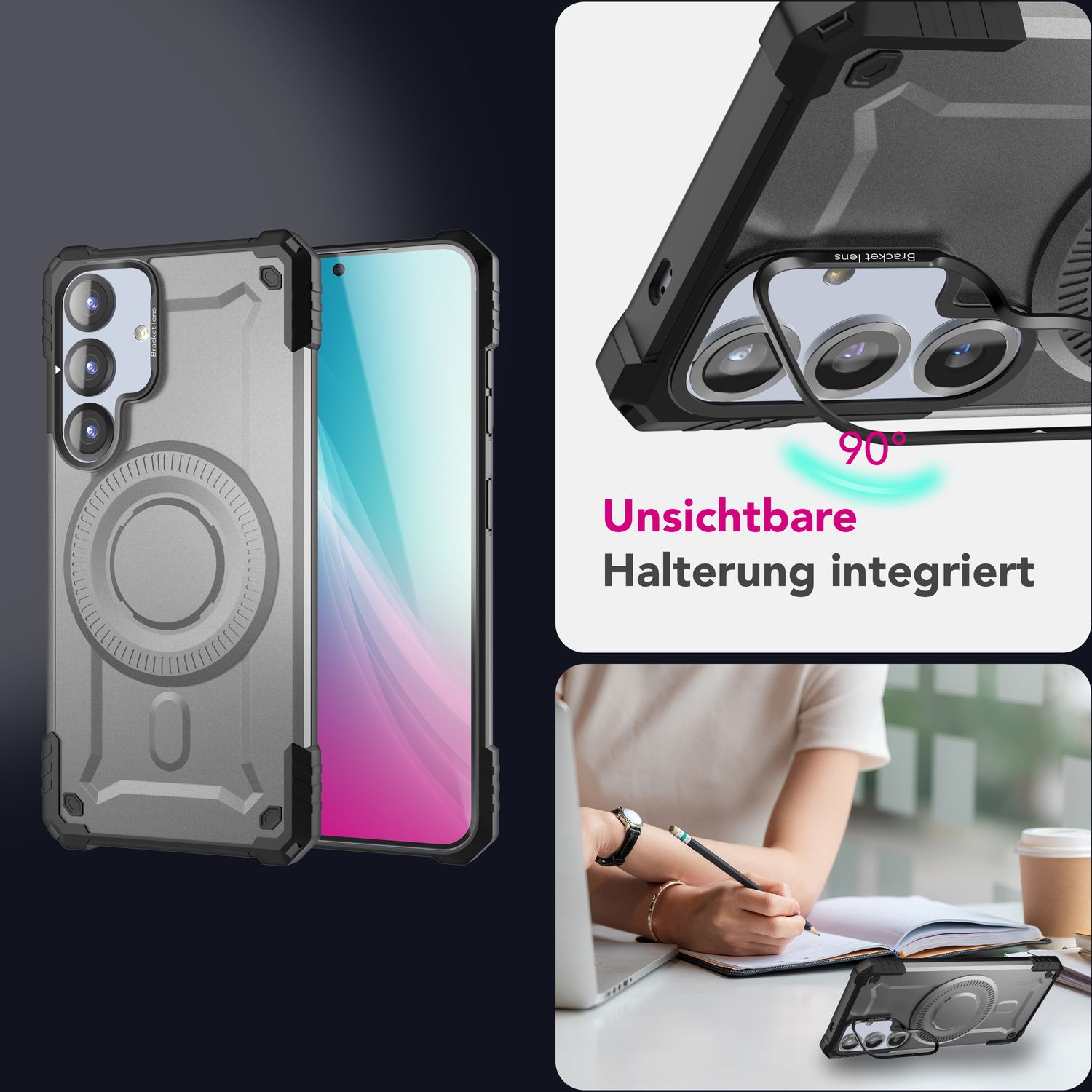 NALIA Granite für Samsung Galaxy S25 Hülle für MagSafe, Armor Panzerhülle, Ultra Robuste Schlagfeste Militärschutz Handyhülle, mit Magnet-Ring und Kamera-Stand