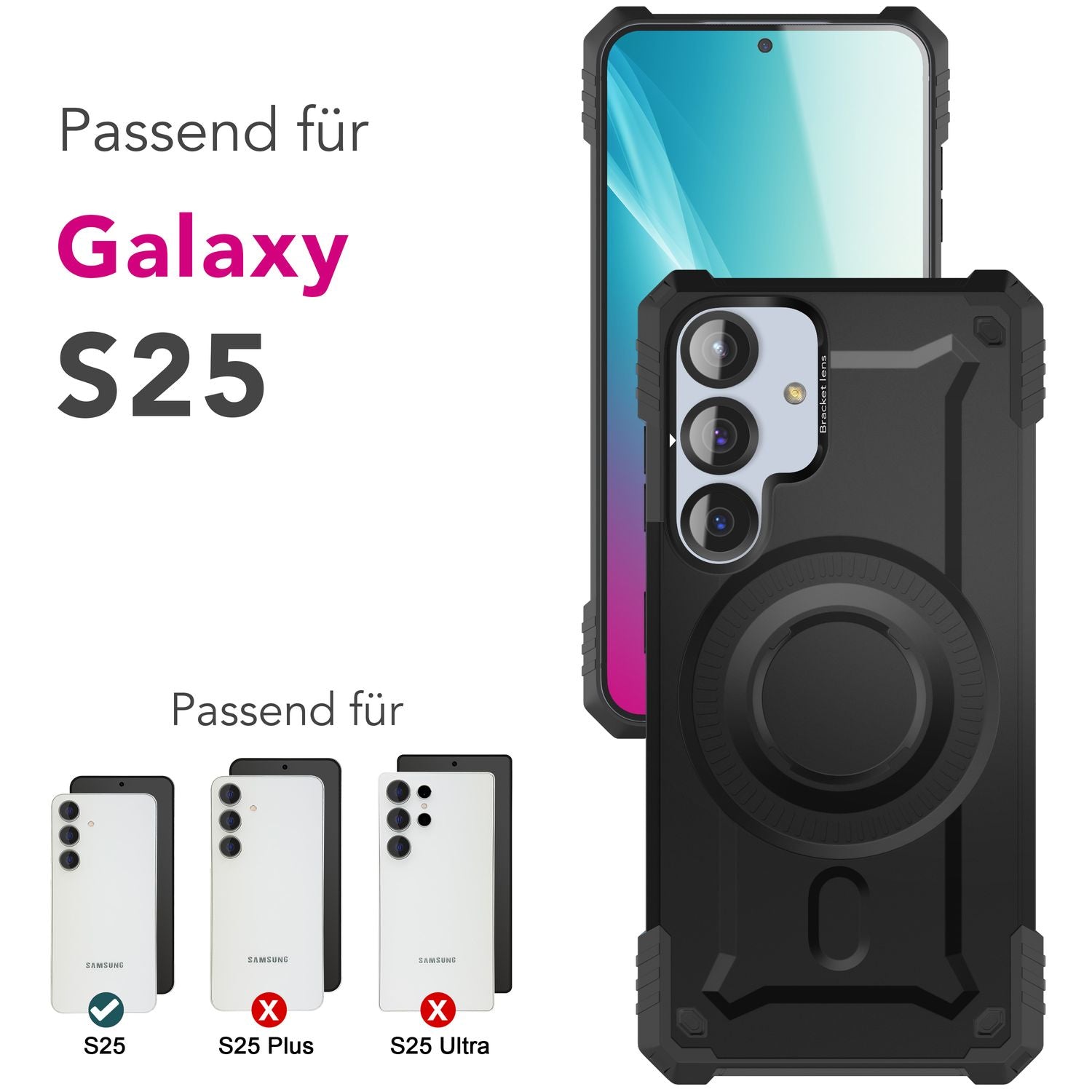 NALIA Granite für Samsung Galaxy S25 Hülle für MagSafe, Armor Panzerhülle, Ultra Robuste Schlagfeste Militärschutz Handyhülle, mit Magnet-Ring und Kamera-Stand