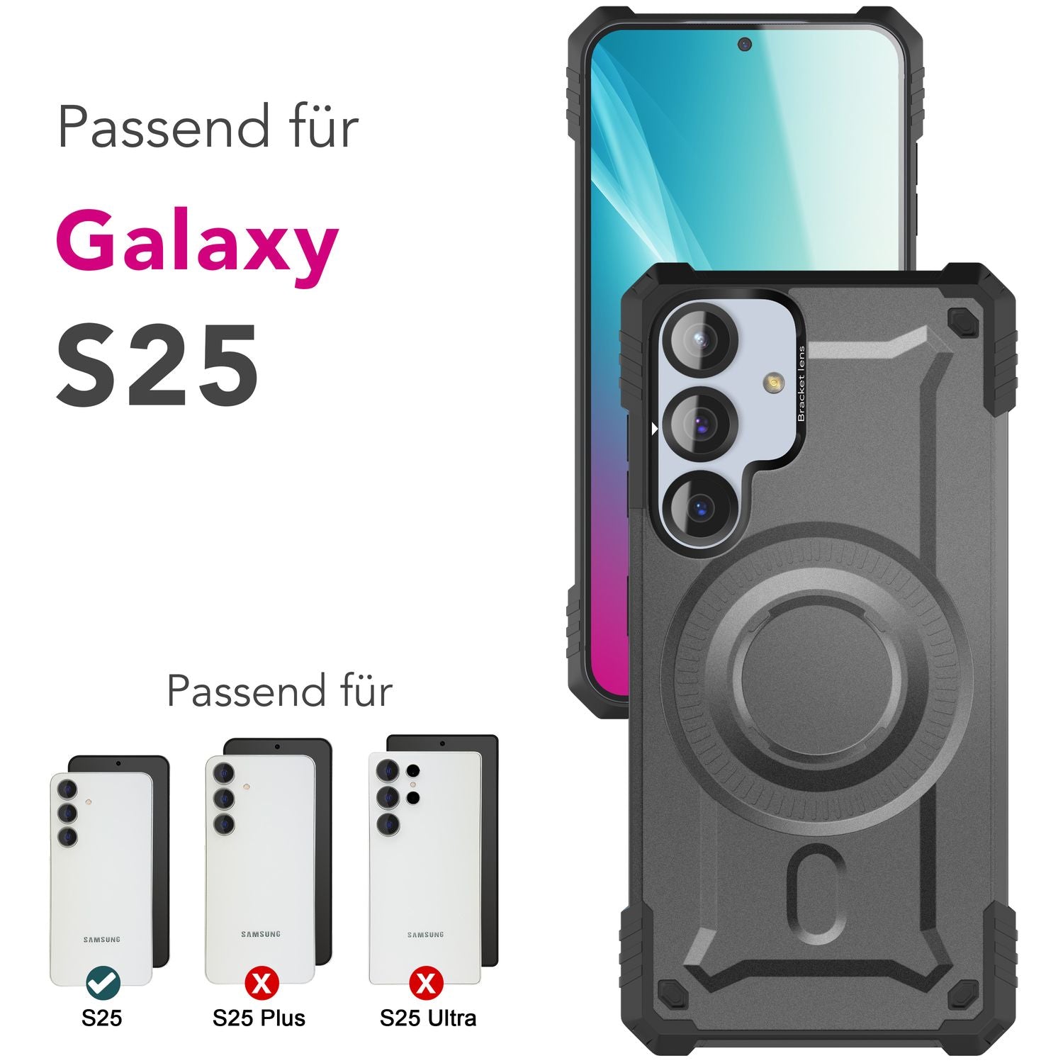 NALIA Granite für Samsung Galaxy S25 Hülle für MagSafe, Armor Panzerhülle, Ultra Robuste Schlagfeste Militärschutz Handyhülle, mit Magnet-Ring und Kamera-Stand