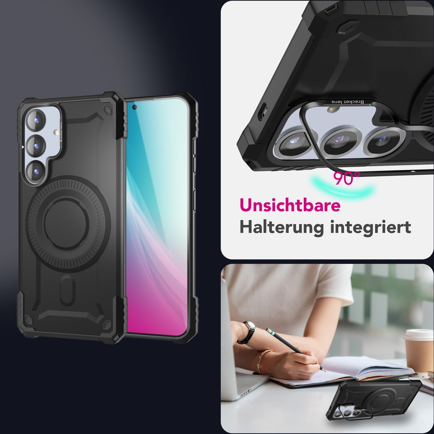 NALIA Granite für Samsung Galaxy S25 Plus Hülle für MagSafe, Armor Panzerhülle, Robuste Stoßfeste Schutzhülle im Militär-Stil, mit Kamera-Ständer, Magnet-Ring - Armor Titan Schwarz Default Title NALIA Outdoor Hülle