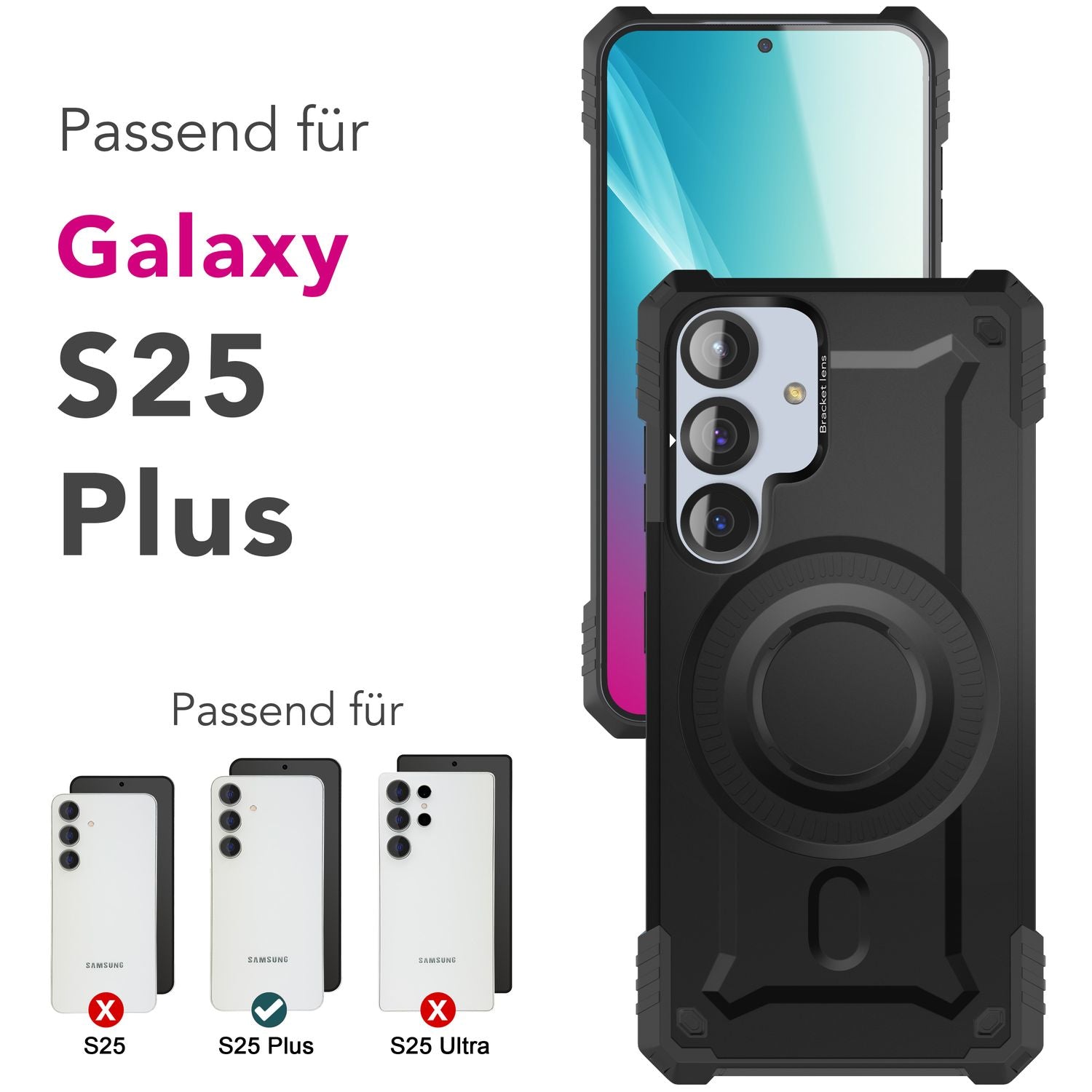 NALIA Granite für Samsung Galaxy S25 Plus Hülle für MagSafe, Armor Panzerhülle, Robuste Stoßfeste Schutzhülle im Militär-Stil, mit Kamera-Ständer, Magnet-Ring - Armor Titan Schwarz Default Title NALIA Outdoor Hülle