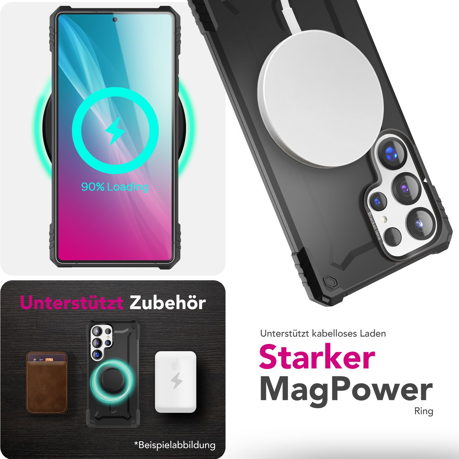 NALIA Granite für Samsung Galaxy S25 Ultra Hülle für MagSafe, Armor Panzerhülle, Extrem Robuste Resistente Militär Schutzhülle, mit Magnet-Ring und Kamera-Stand Armor Titan Schwarz NALIA Protective Hülle