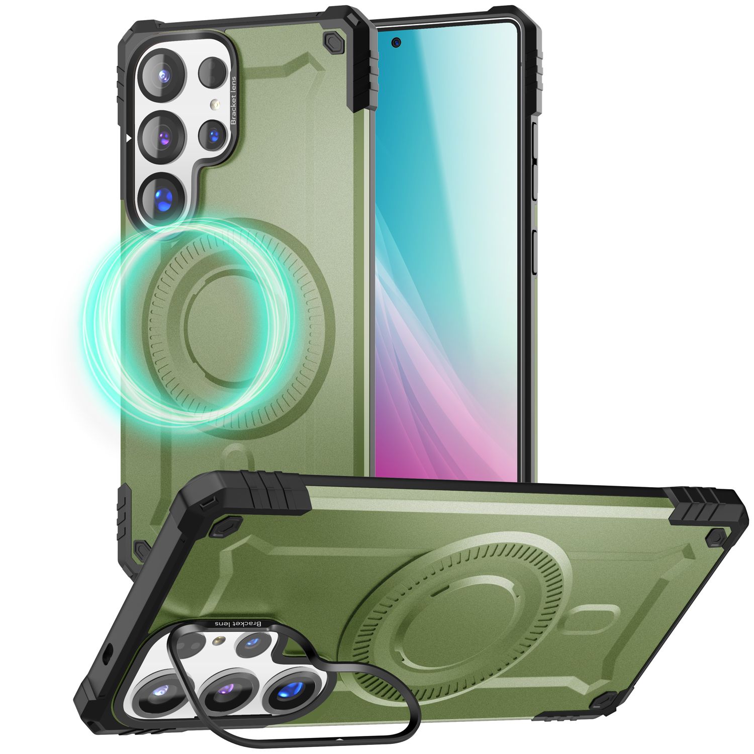NALIA Granite für Samsung Galaxy S25 Ultra Hülle für MagSafe, Armor Panzerhülle, Extrem Robuste Resistente Militär Schutzhülle, mit Magnet-Ring und Kamera-Stand Armor Titan Grün NALIA Protective Hülle