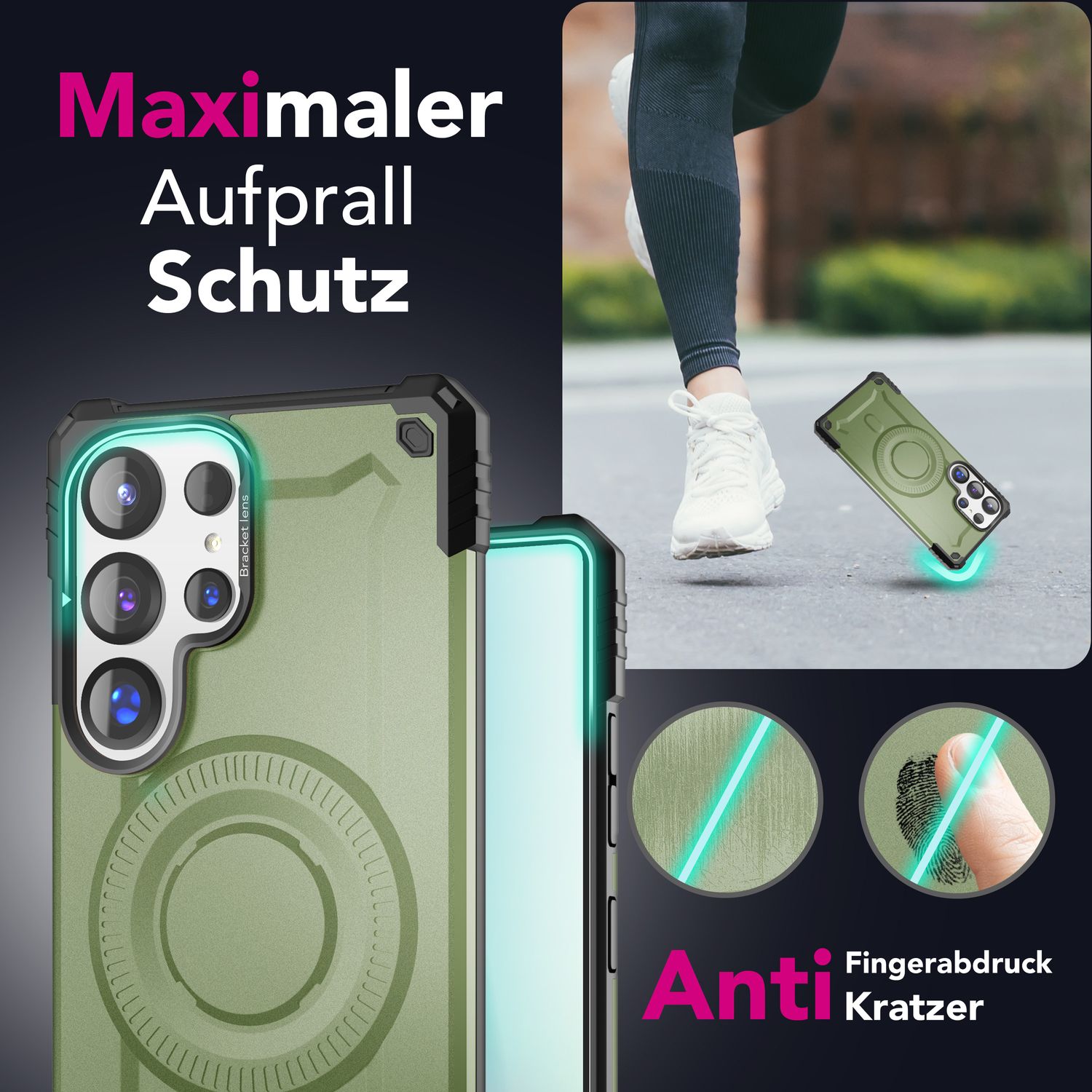 NALIA Granite für Samsung Galaxy S25 Ultra Hülle für MagSafe, Armor Panzerhülle, Extrem Robuste Resistente Militär Schutzhülle, mit Magnet-Ring und Kamera-Stand Armor Titan Grün NALIA Protective Hülle