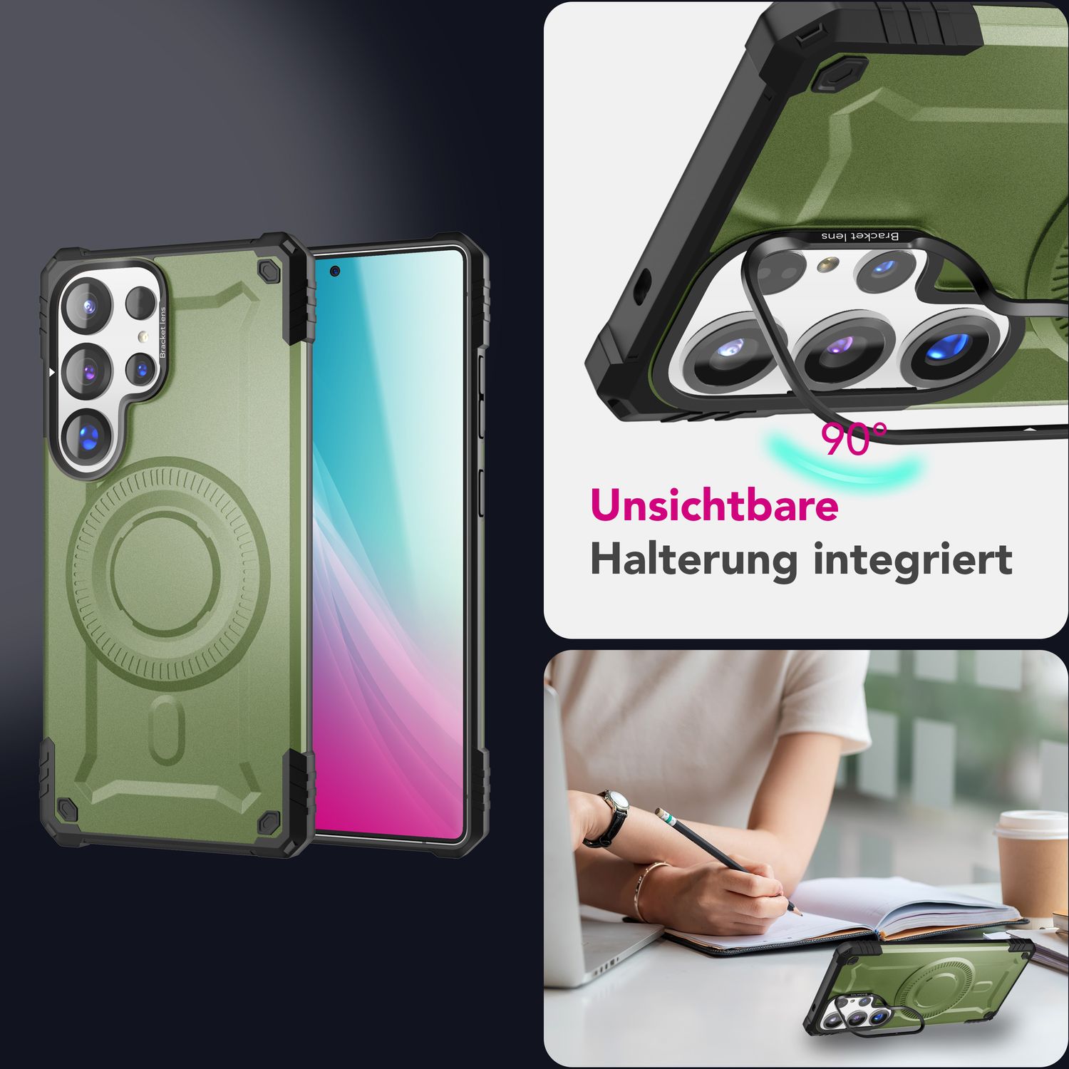 NALIA Granite für Samsung Galaxy S25 Ultra Hülle für MagSafe, Armor Panzerhülle, Extrem Robuste Resistente Militär Schutzhülle, mit Magnet-Ring und Kamera-Stand Armor Titan Grün NALIA Protective Hülle