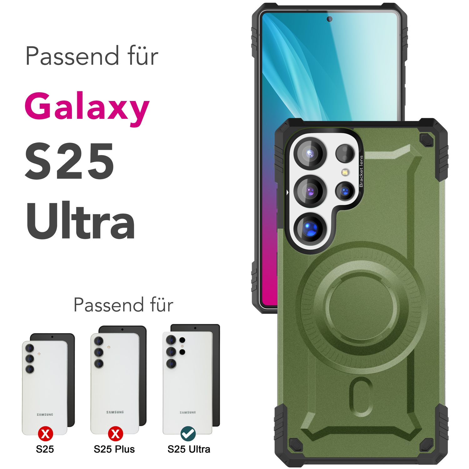 NALIA Granite für Samsung Galaxy S25 Ultra Hülle für MagSafe, Armor Panzerhülle, Extrem Robuste Resistente Militär Schutzhülle, mit Magnet-Ring und Kamera-Stand Armor Titan Grün NALIA Protective Hülle