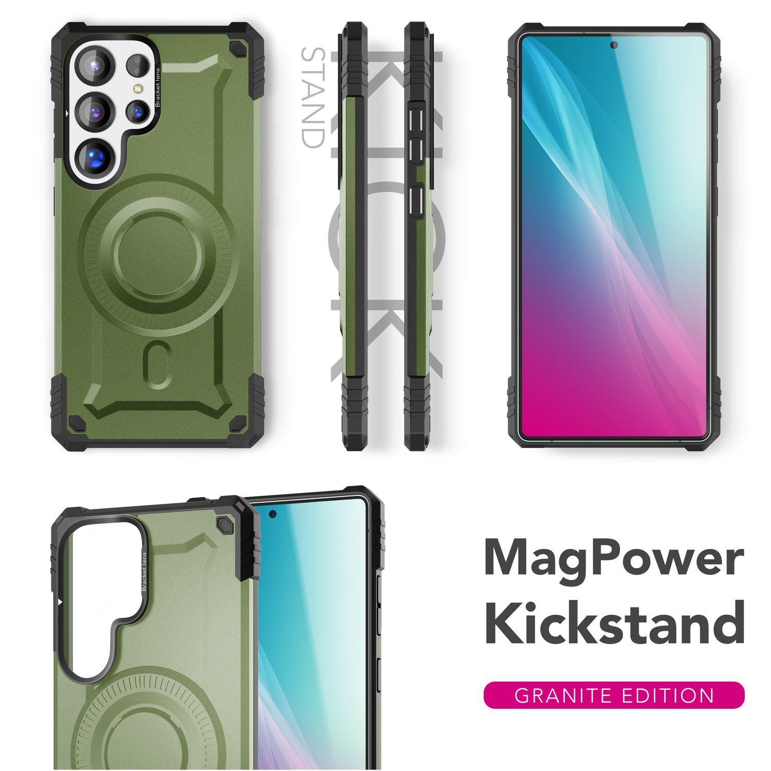 NALIA Granite für Samsung Galaxy S25 Ultra Hülle für MagSafe, Armor Panzerhülle, Extrem Robuste Resistente Militär Schutzhülle, mit Magnet-Ring und Kamera-Stand Armor Titan Grün NALIA Protective Hülle