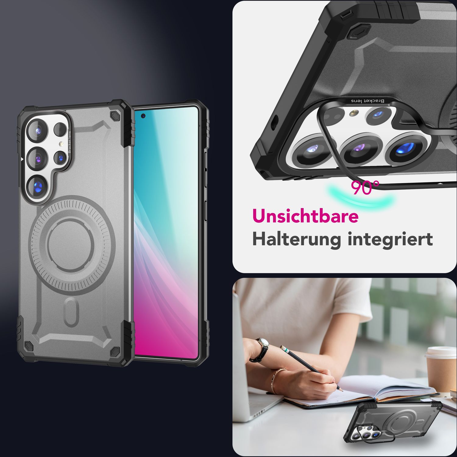 NALIA Granite für Samsung Galaxy S25 Ultra Hülle für MagSafe, Armor Panzerhülle, Extrem Robuste Resistente Militär Schutzhülle, mit Magnet-Ring und Kamera-Stand Armor Titan Grau NALIA Protective Hülle