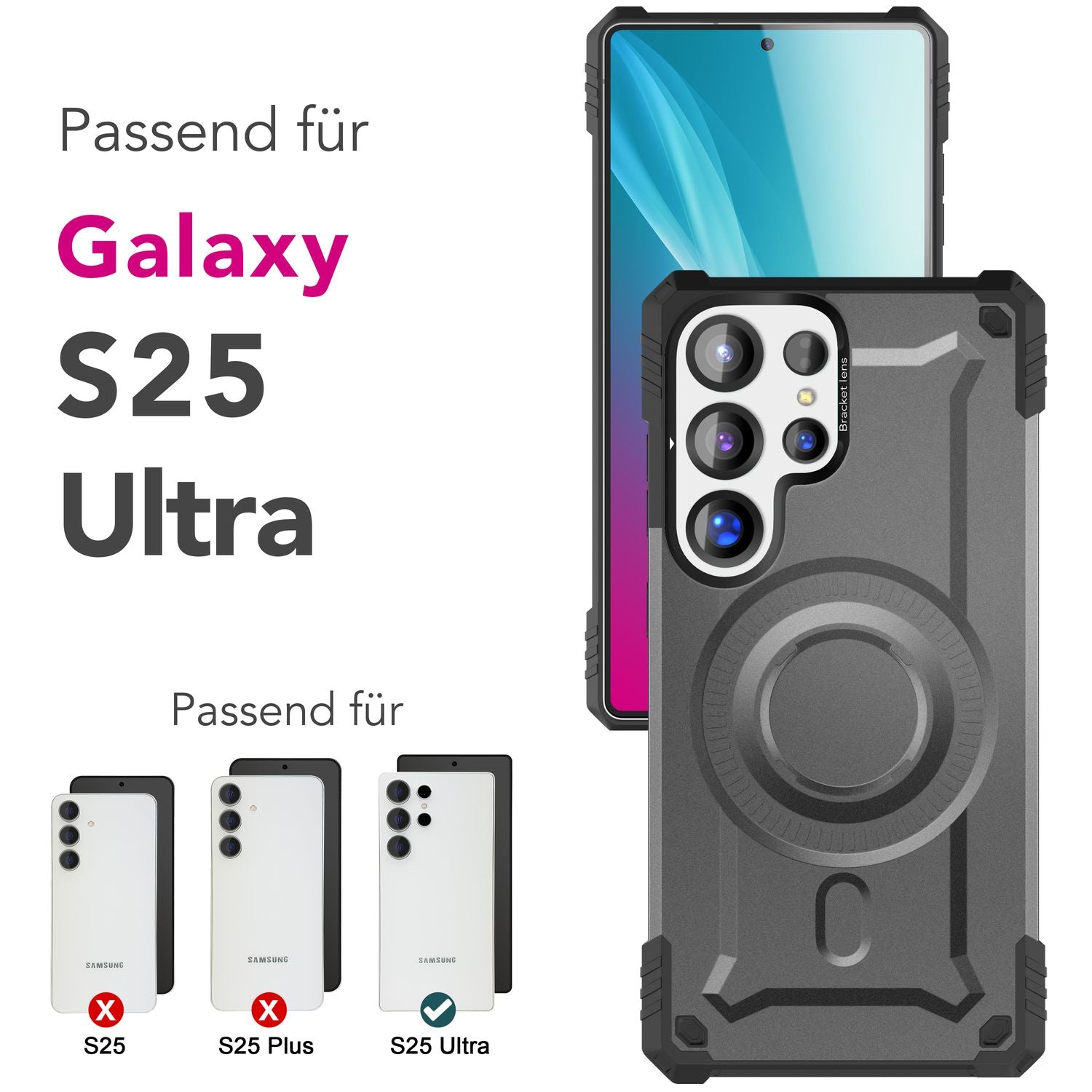 NALIA Granite für Samsung Galaxy S25 Ultra Hülle für MagSafe, Armor Panzerhülle, Extrem Robuste Resistente Militär Schutzhülle, mit Magnet-Ring und Kamera-Stand Armor Titan Grau NALIA Protective Hülle